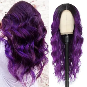 Long Ombre Purple Wig for Women 26Inch Mixed Dark Purple Wavy Curly Hair Wigs Synthetic Hair Replacement Wig Heat Resistant Hair Wig for Daily Party Use(26'' Dark Purple)