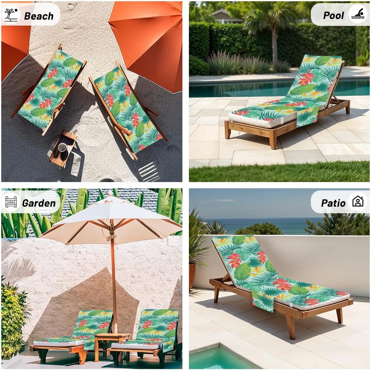 Lounge Chair Towel Cover, Chaise Lounge Cover, Flower and Leaves Beach Chair Covers with Pockets for Pool Sunbathing Beach Garden Courtyard Outdoor Trips, 85" X 30"