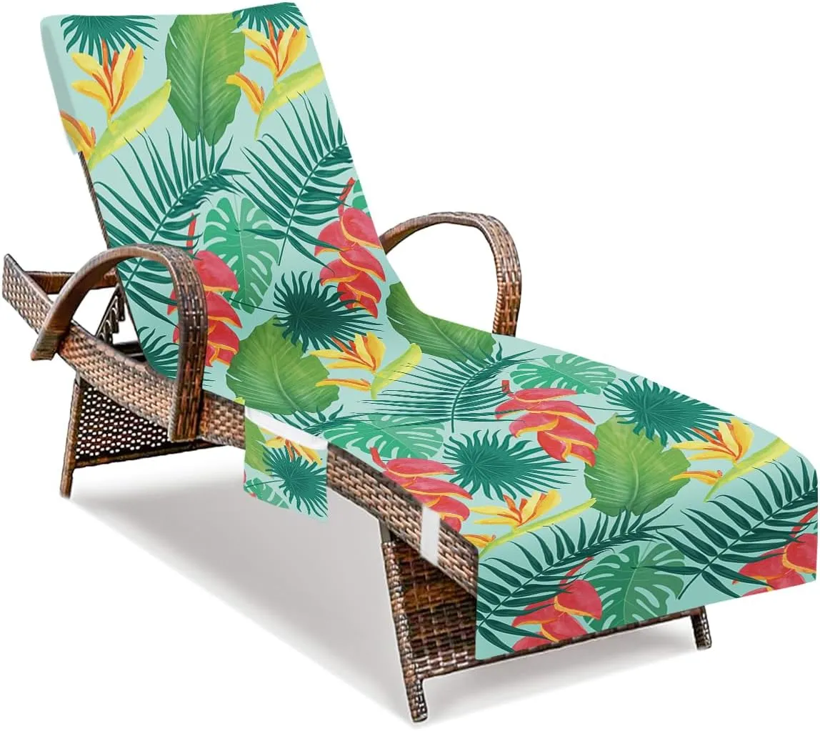 Lounge Chair Towel Cover, Chaise Lounge Cover, Flower and Leaves Beach Chair Covers with Pockets for Pool Sunbathing Beach Garden Courtyard Outdoor Trips, 85" X 30"