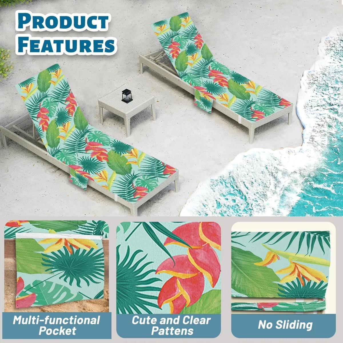 Lounge Chair Towel Cover, Chaise Lounge Cover, Flower and Leaves Beach Chair Covers with Pockets for Pool Sunbathing Beach Garden Courtyard Outdoor Trips, 85" X 30"