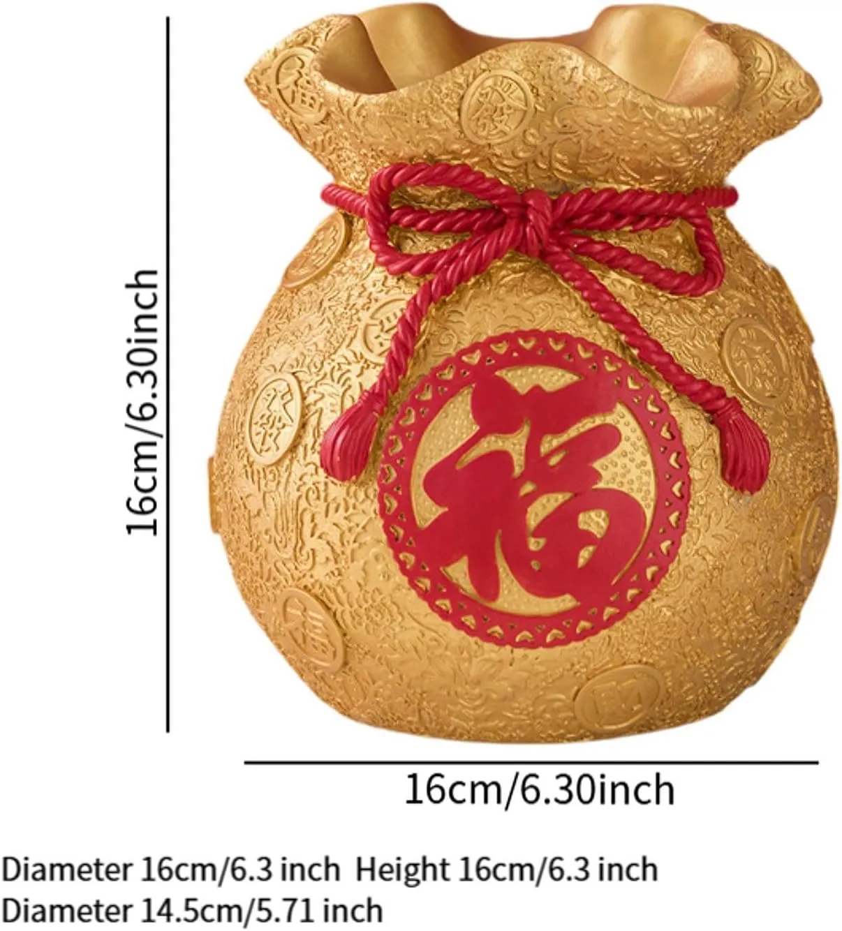 Lucky Bag Piggy Bank,Money Saving Box Storage Resin Figurine Money Bag Statue Wealth Sculpture for Farmhouse Chinese New Year, Gold Height 16cm