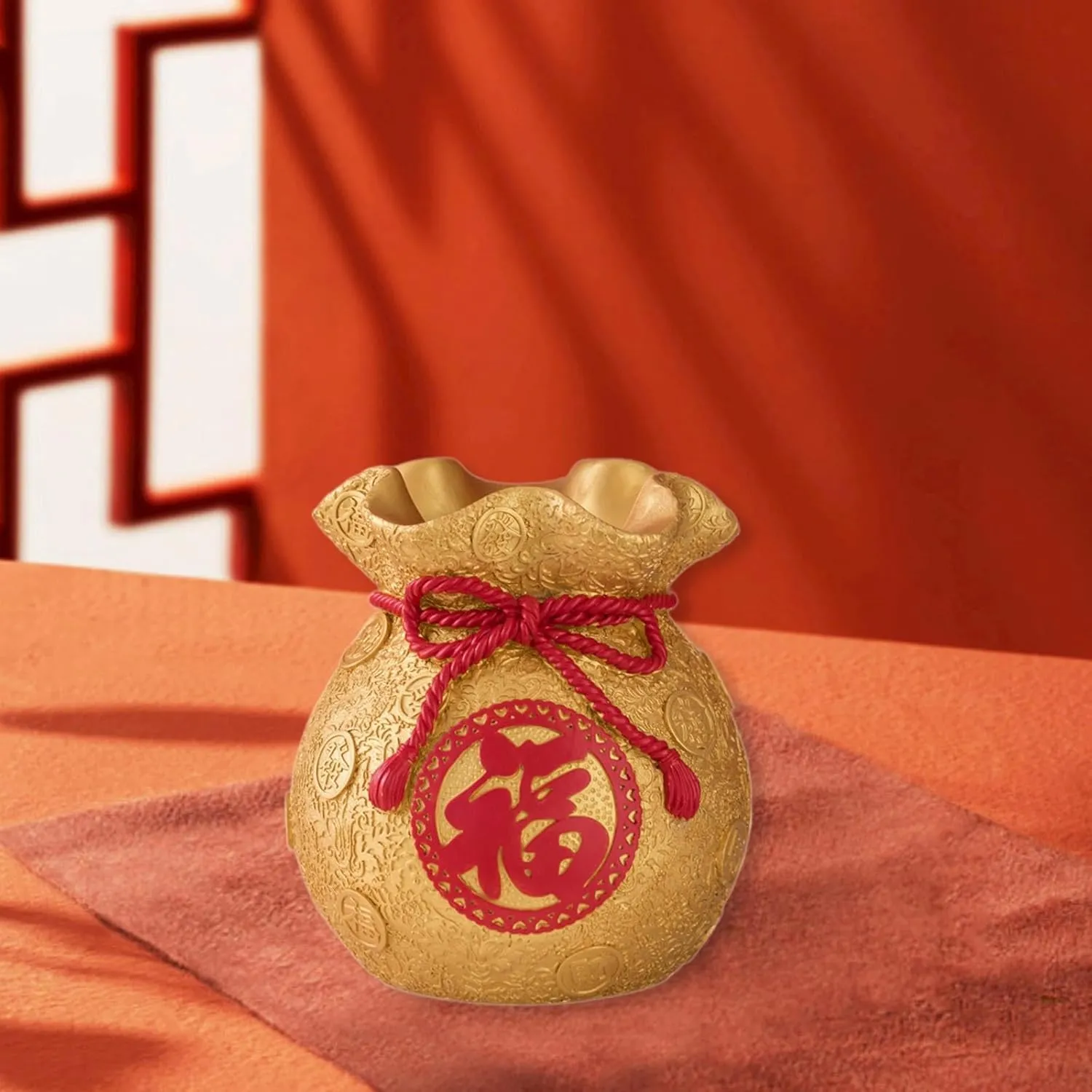Lucky Bag Piggy Bank,Money Saving Box Storage Resin Figurine Money Bag Statue Wealth Sculpture for Farmhouse Chinese New Year, Gold Height 16cm