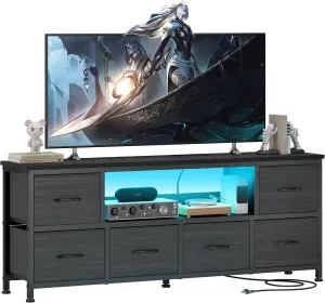 Lulive TV Stand for Bedroom, LED Rustic Brown Dresser for Living Room with 6 Fabric Drawers, 55in TV Stand with Power Outlet, Entertainment Center with Open Shelf