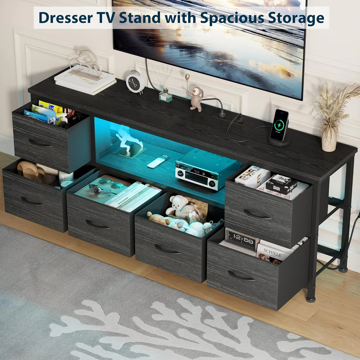 Lulive TV Stand for Bedroom, LED Rustic Brown Dresser for Living Room with 6 Fabric Drawers, 55in TV Stand with Power Outlet, Entertainment Center with Open Shelf