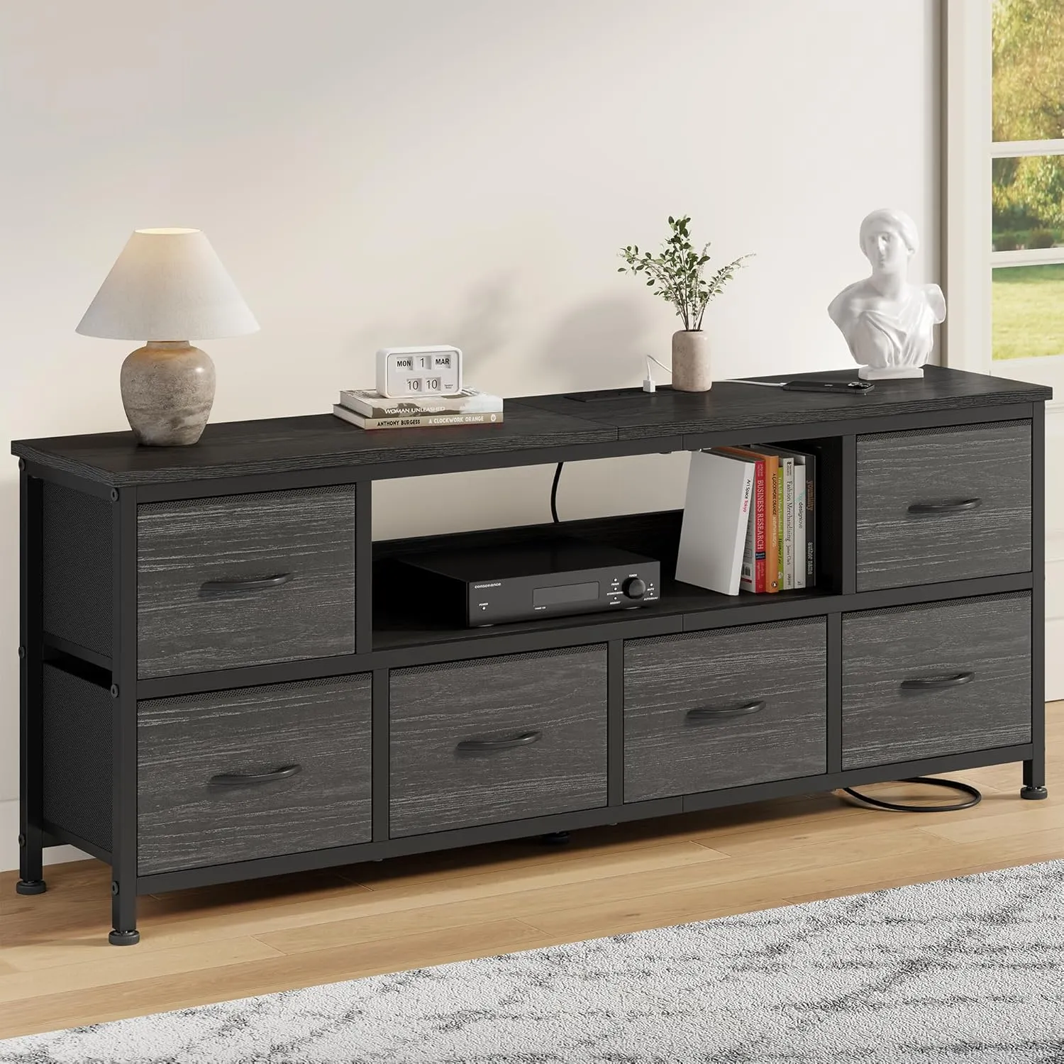 Lulive TV Stand for Bedroom, LED Rustic Brown Dresser for Living Room with 6 Fabric Drawers, 55in TV Stand with Power Outlet, Entertainment Center with Open Shelf