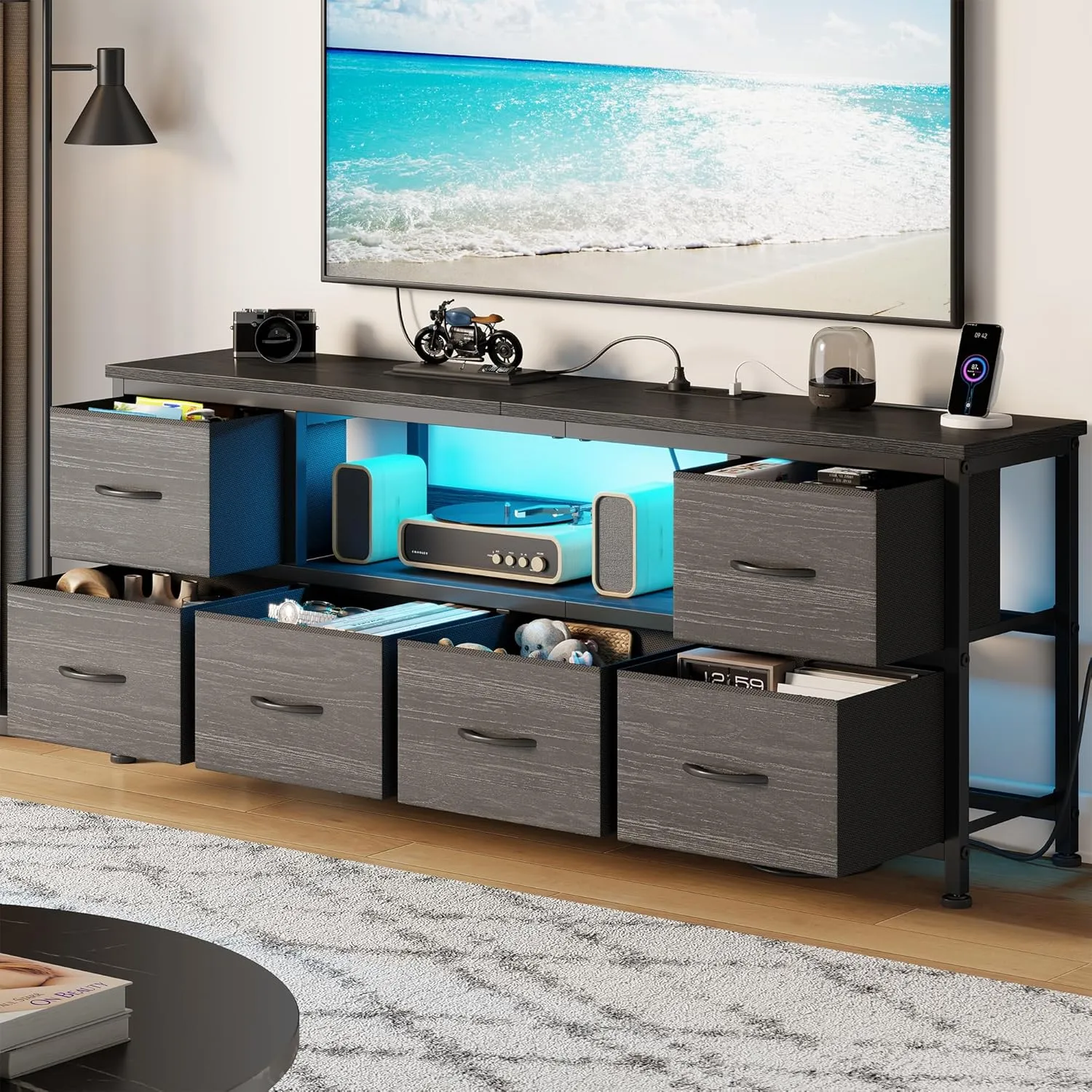 Lulive TV Stand for Bedroom, LED Rustic Brown Dresser for Living Room with 6 Fabric Drawers, 55in TV Stand with Power Outlet, Entertainment Center with Open Shelf