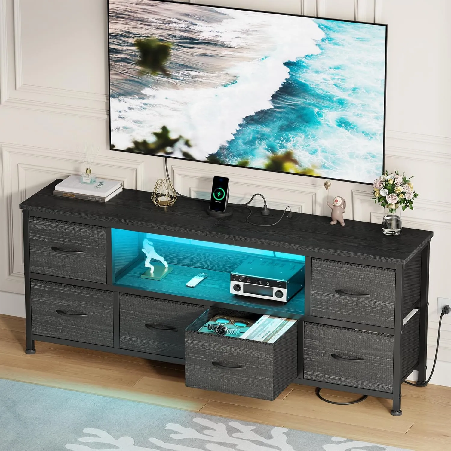 Lulive TV Stand for Bedroom, LED Rustic Brown Dresser for Living Room with 6 Fabric Drawers, 55in TV Stand with Power Outlet, Entertainment Center with Open Shelf