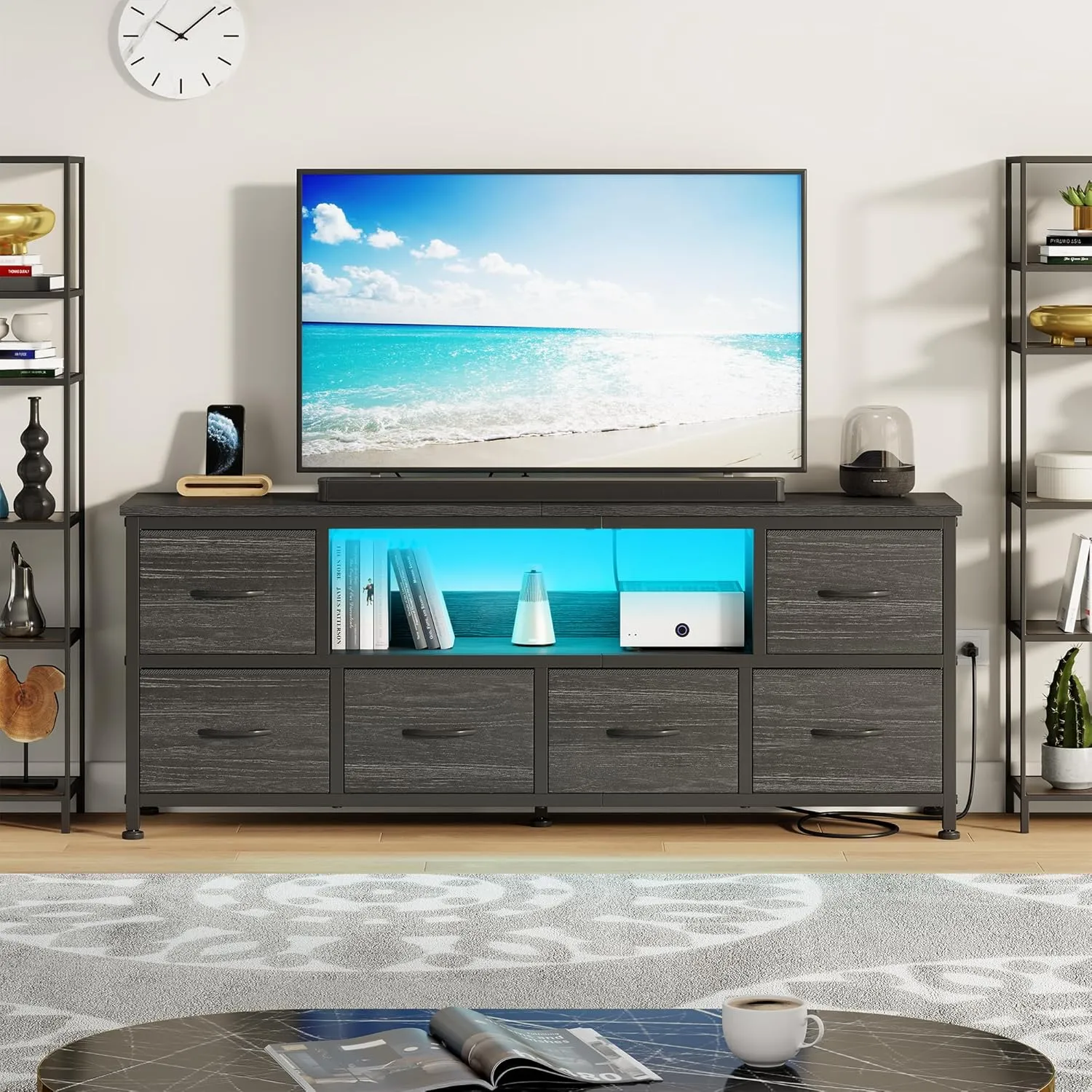 Lulive TV Stand for Bedroom, LED Rustic Brown Dresser for Living Room with 6 Fabric Drawers, 55in TV Stand with Power Outlet, Entertainment Center with Open Shelf