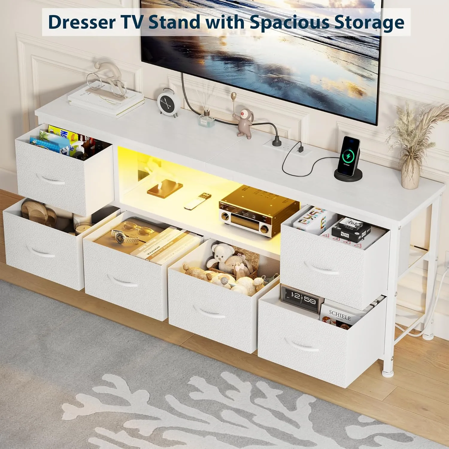 Lulive TV Stand for Bedroom, LED Rustic Brown Dresser for Living Room with 6 Fabric Drawers,43 55in TV Stand with Power Outlet, Entertainment Center with Open Shelf