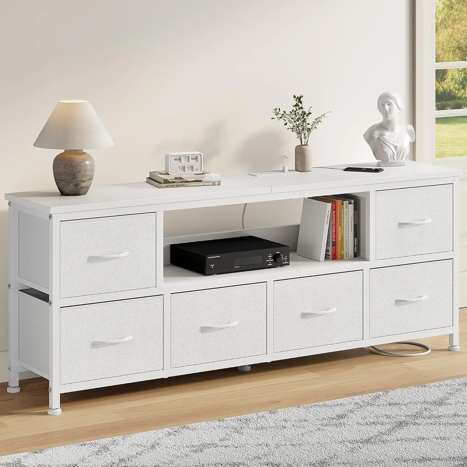 Lulive TV Stand for Bedroom, LED Rustic Brown Dresser for Living Room with 6 Fabric Drawers,43 55in TV Stand with Power Outlet, Entertainment Center with Open Shelf