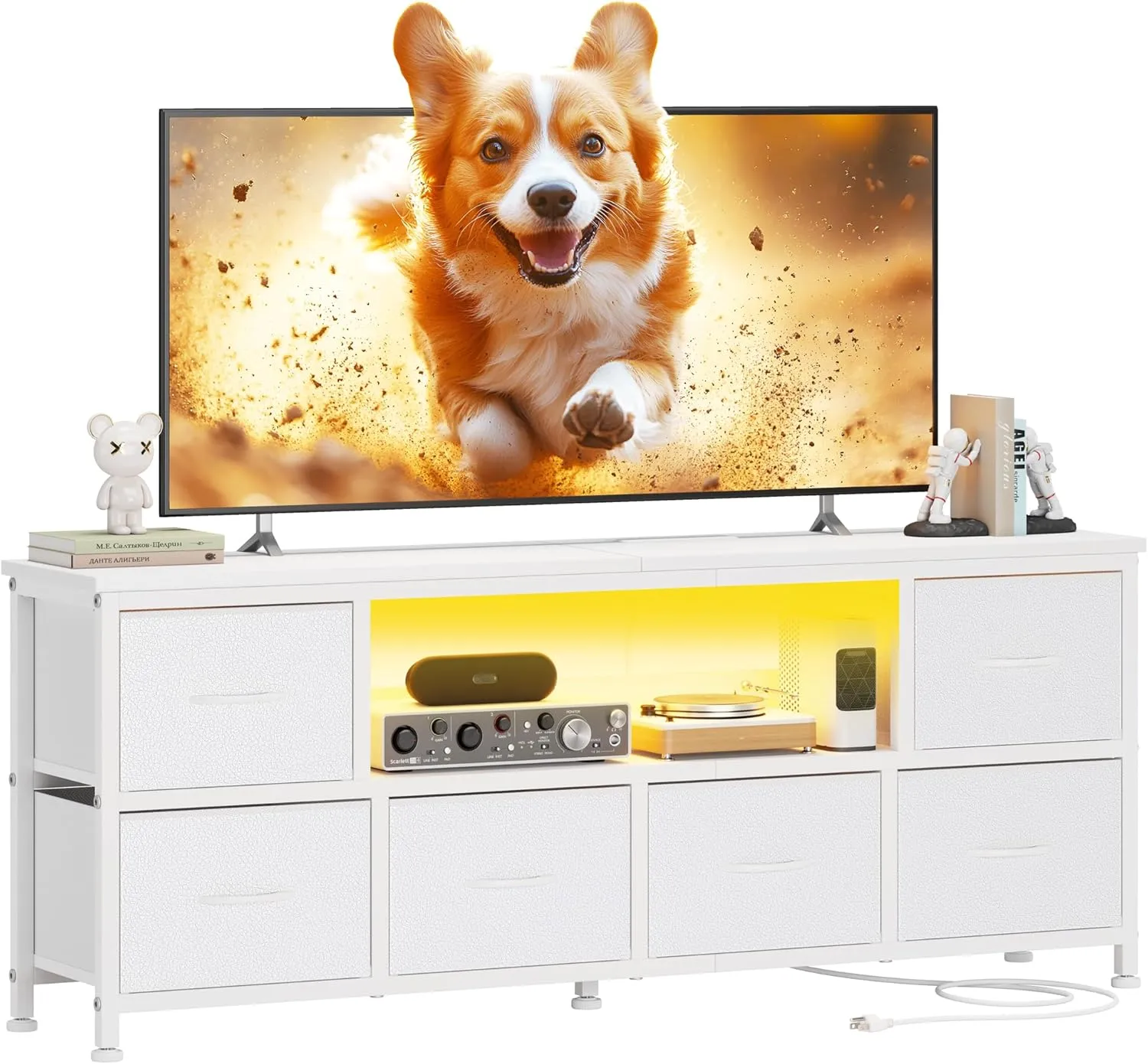 Lulive TV Stand for Bedroom, LED Rustic Brown Dresser for Living Room with 6 Fabric Drawers,43 55in TV Stand with Power Outlet, Entertainment Center with Open Shelf