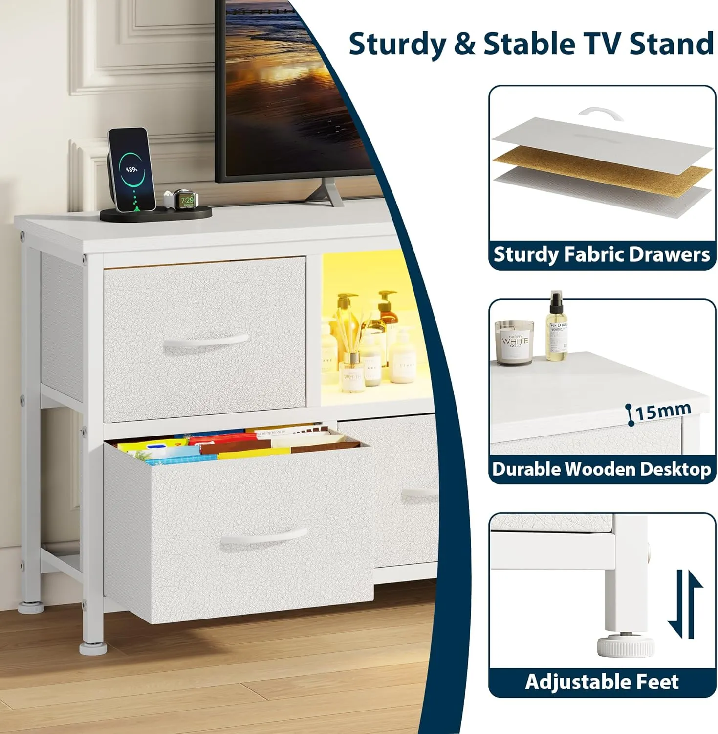 Lulive TV Stand for Bedroom, LED Rustic Brown Dresser for Living Room with 6 Fabric Drawers,43 55in TV Stand with Power Outlet, Entertainment Center with Open Shelf