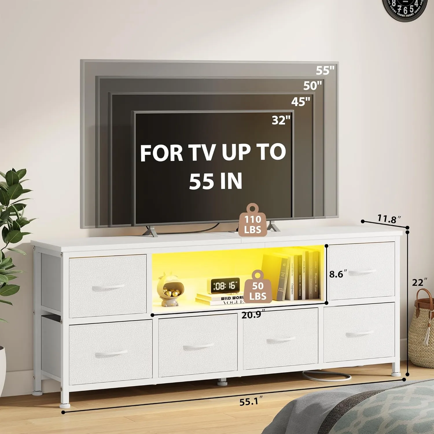Lulive TV Stand for Bedroom, LED Rustic Brown Dresser for Living Room with 6 Fabric Drawers,43 55in TV Stand with Power Outlet, Entertainment Center with Open Shelf