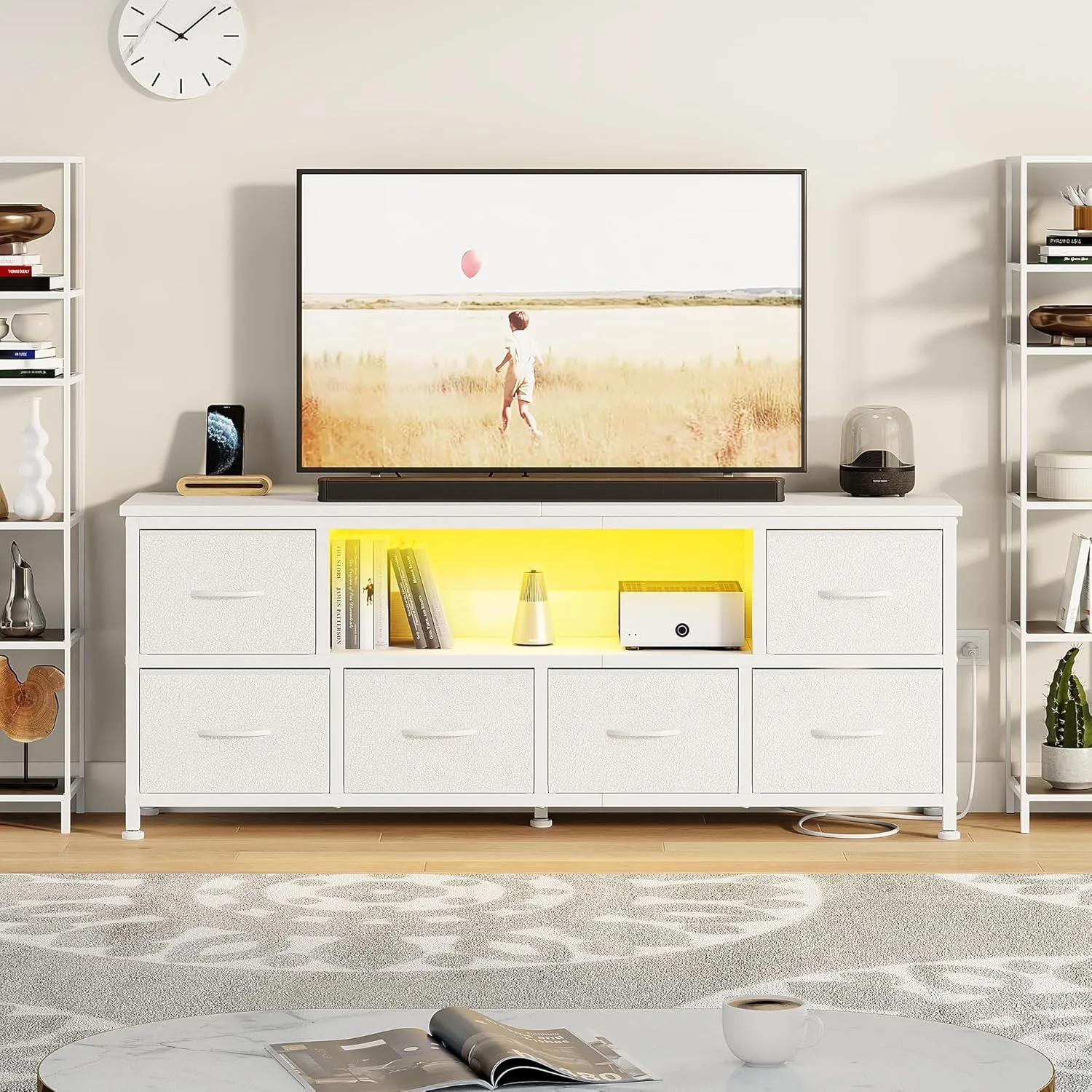 Lulive TV Stand for Bedroom, LED Rustic Brown Dresser for Living Room with 6 Fabric Drawers,43 55in TV Stand with Power Outlet, Entertainment Center with Open Shelf