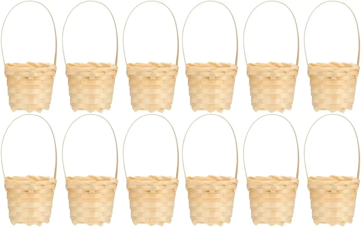 LUOZZY 12 pcs Mini Straw Woven Flower Baskets Bamboo Handmade Miniature Basket with Handles Dollhouse Accessories