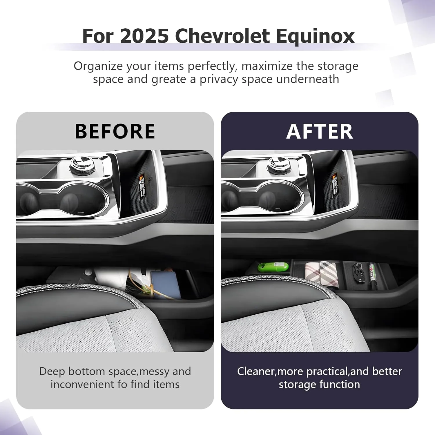 LUWU 2025 Equinox Center Console Organizer Compatible with 2025 Chevrolet Equinox Accessories Under Console Tray Armrest Console Organizer Equinox 2025 Accessories 2Pack (Not for EV Model)