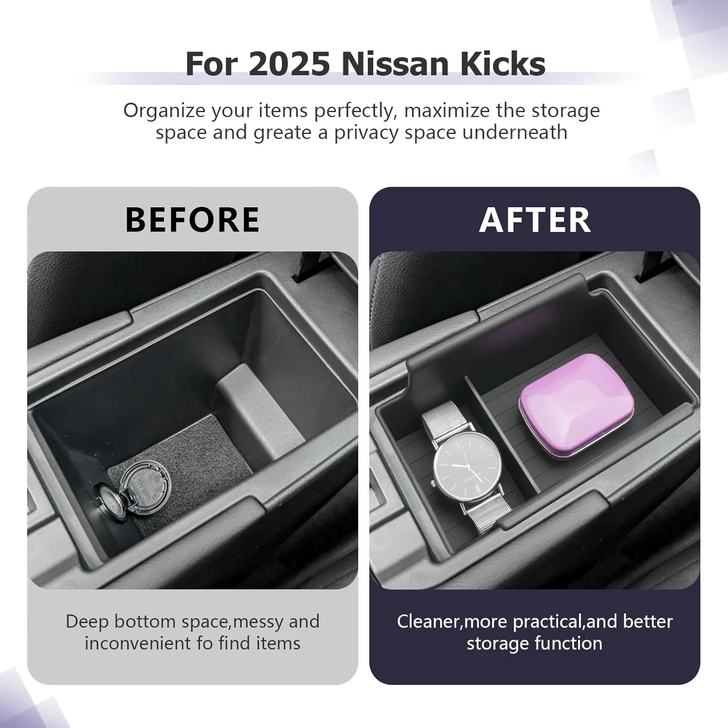 LUWU 2025 Kicks Center Console Organizer Tray Compatible with 2025 Nissan Kicks Accessories 2025 Kicks S/SV/SR Armrest Console Organizer Armrest Organizer Insert Tray Black