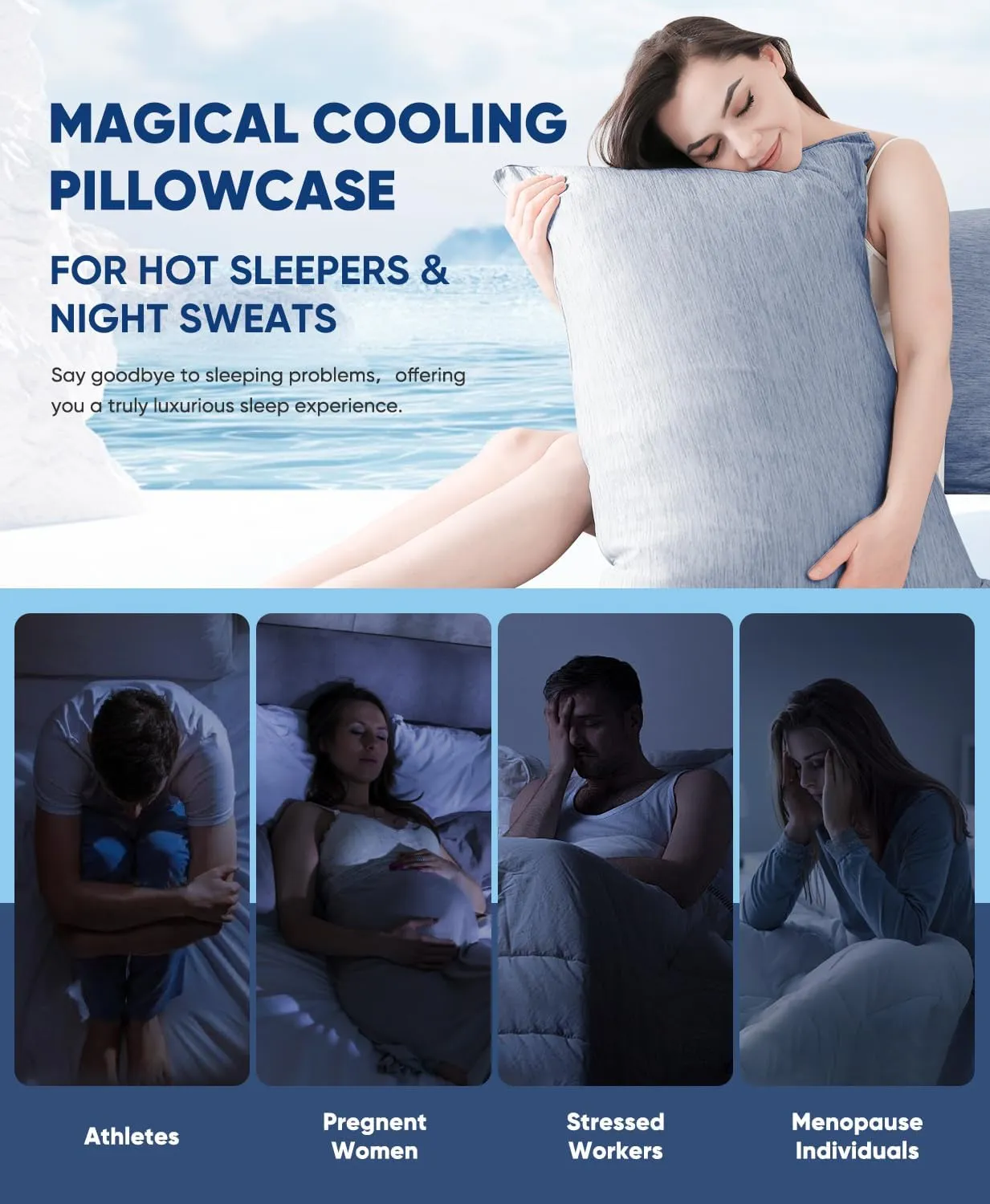 LUXEAR Cooling Pillow Cases King Size, 2 Pack Arc-Chill Cool Pillow Cases with Double-Side Design [Cooling & Cotton], Anti-Static, Skin-Friendly, Hidden Zipper Cold Pillow Cases for Hot Sleepers -Blue