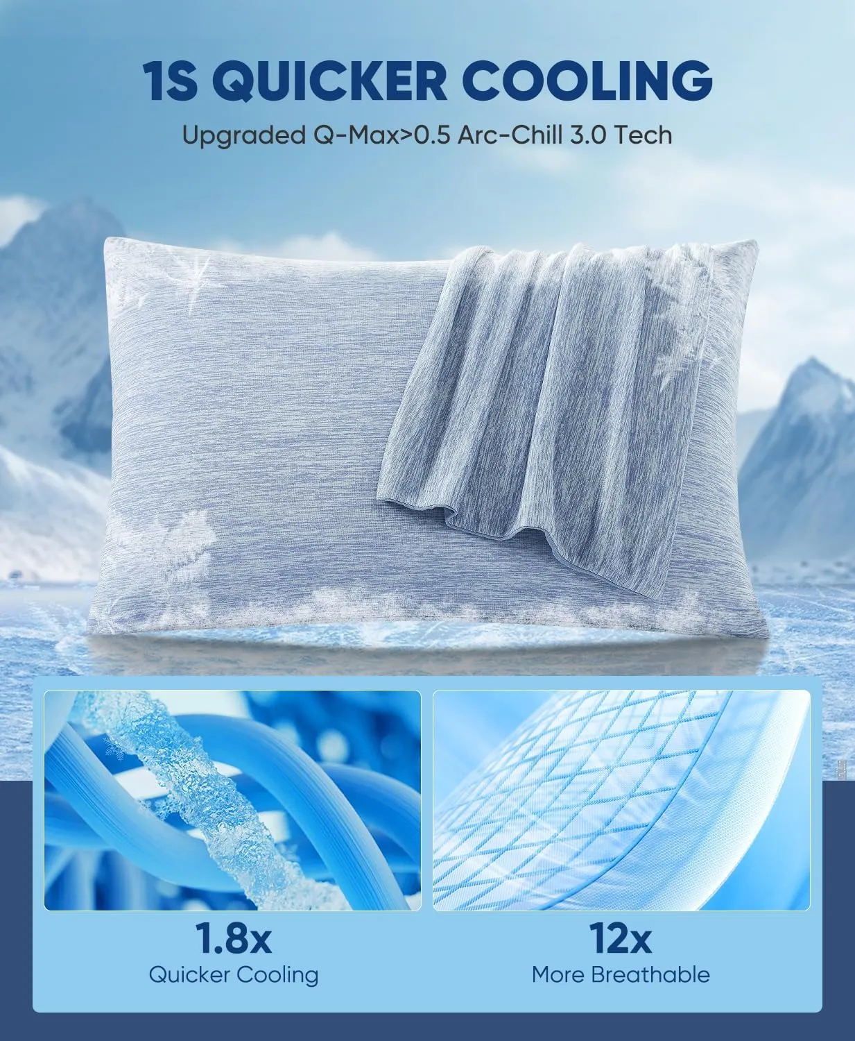 LUXEAR Cooling Pillow Cases King Size, 2 Pack Arc-Chill Cool Pillow Cases with Double-Side Design [Cooling & Cotton], Anti-Static, Skin-Friendly, Hidden Zipper Cold Pillow Cases for Hot Sleepers -Blue