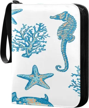 Marine Fish Corals and Starfish Pattern Card Binder, 4 Pockets Trading Card Binder Holder with 50 Sleeves Holder Album, Card Collection Binder Card Album Book for Football Basketball Baseball Games Sp