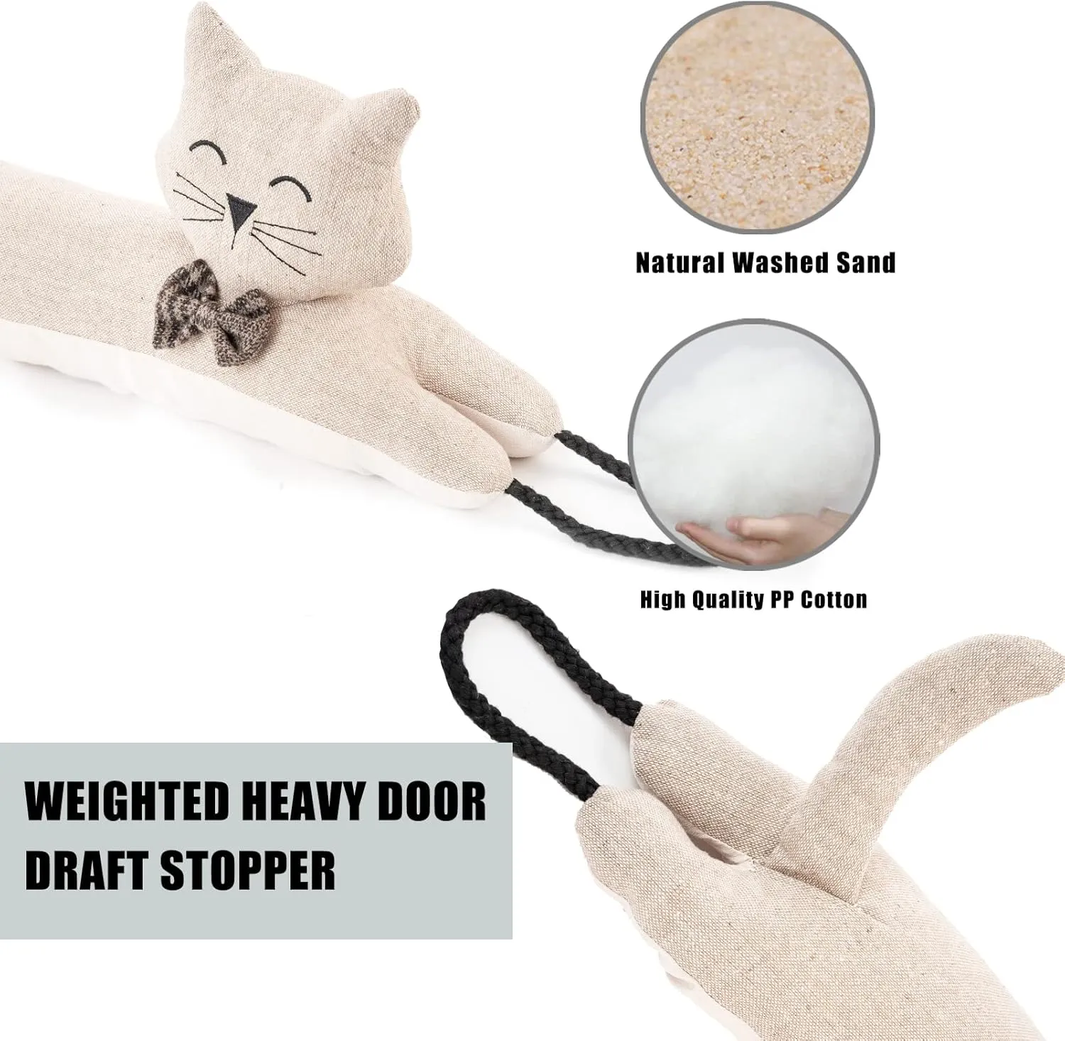 Marwood Under Door Draft Stopper Decorative Wind Stopper 36 inch for Door & Window, Weighted Animal Air Draft Stopper Snake Noise Blocker for Bottom of Door with Hanging Loops -Khaki Cat