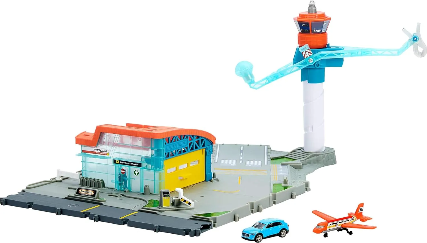 Matchbox Toy Car Playset, Takeoff Adventure Airport Set with Die-Cast Audi in 1:64 Scale, Plastic Plane, Take-Off & Landing Feature & Storage