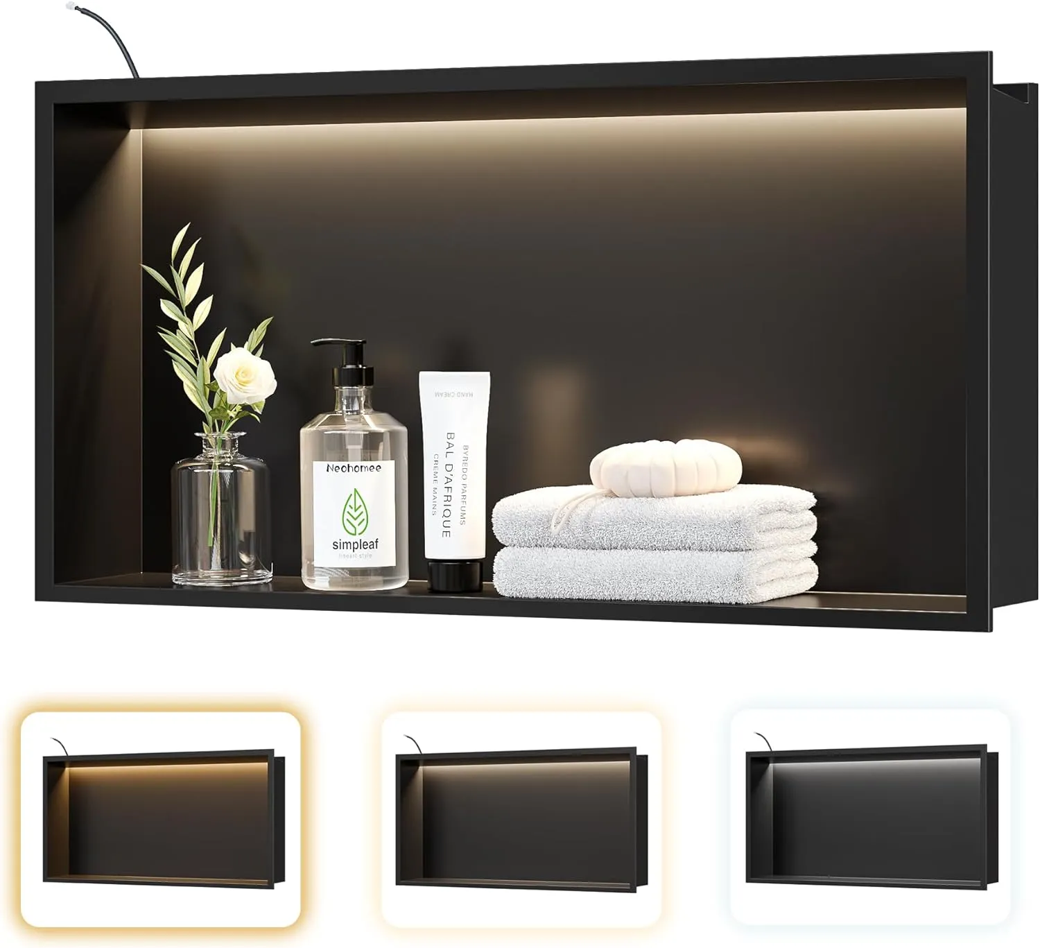 Matte Black LED Shower Niche,24"X12" Bathroom Wall Niche,with Dimmable 3-Color COB LED Strip Light Stainless Steel Recessed Wall Cabinet,Waterproof No Tile Need for Shower Storage