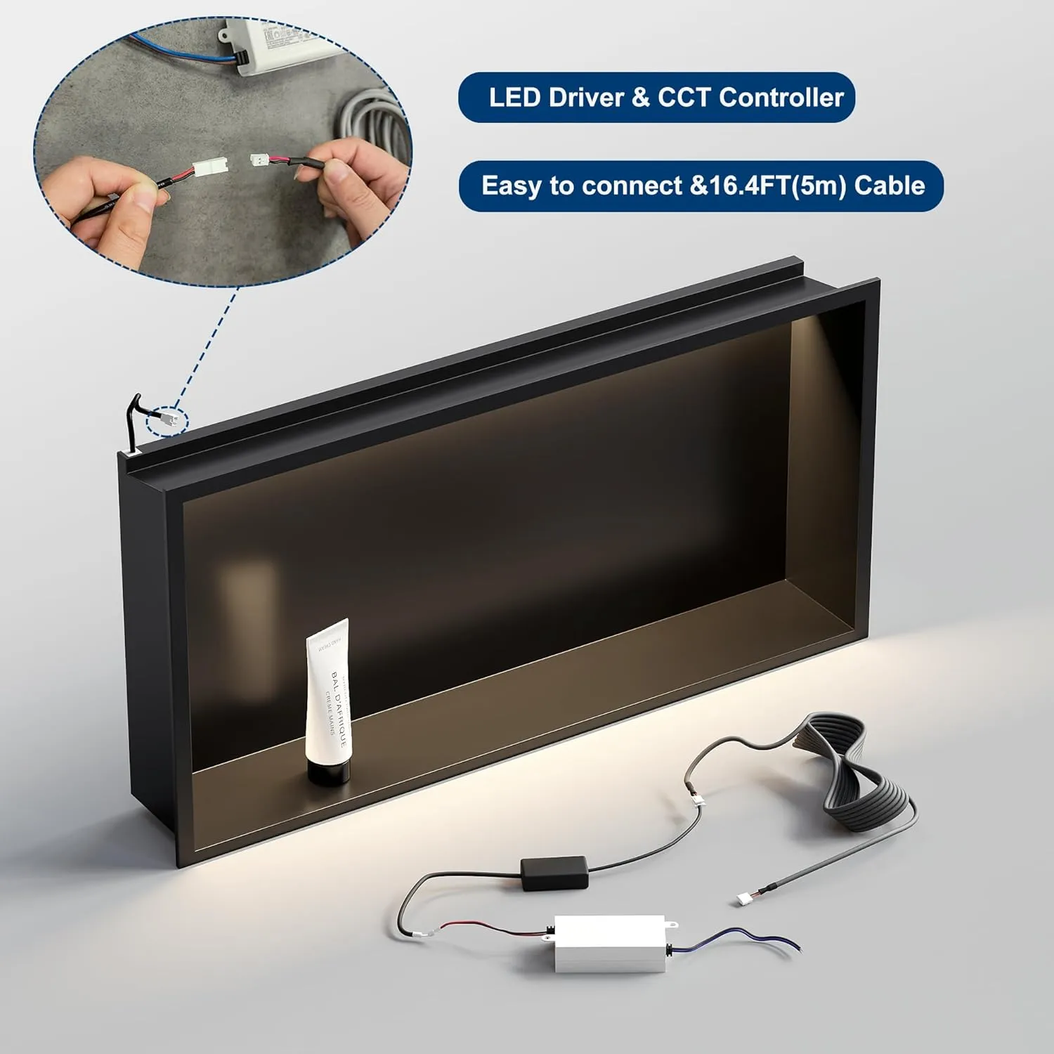 Matte Black LED Shower Niche,24"X12" Bathroom Wall Niche,with Dimmable 3-Color COB LED Strip Light Stainless Steel Recessed Wall Cabinet,Waterproof No Tile Need for Shower Storage