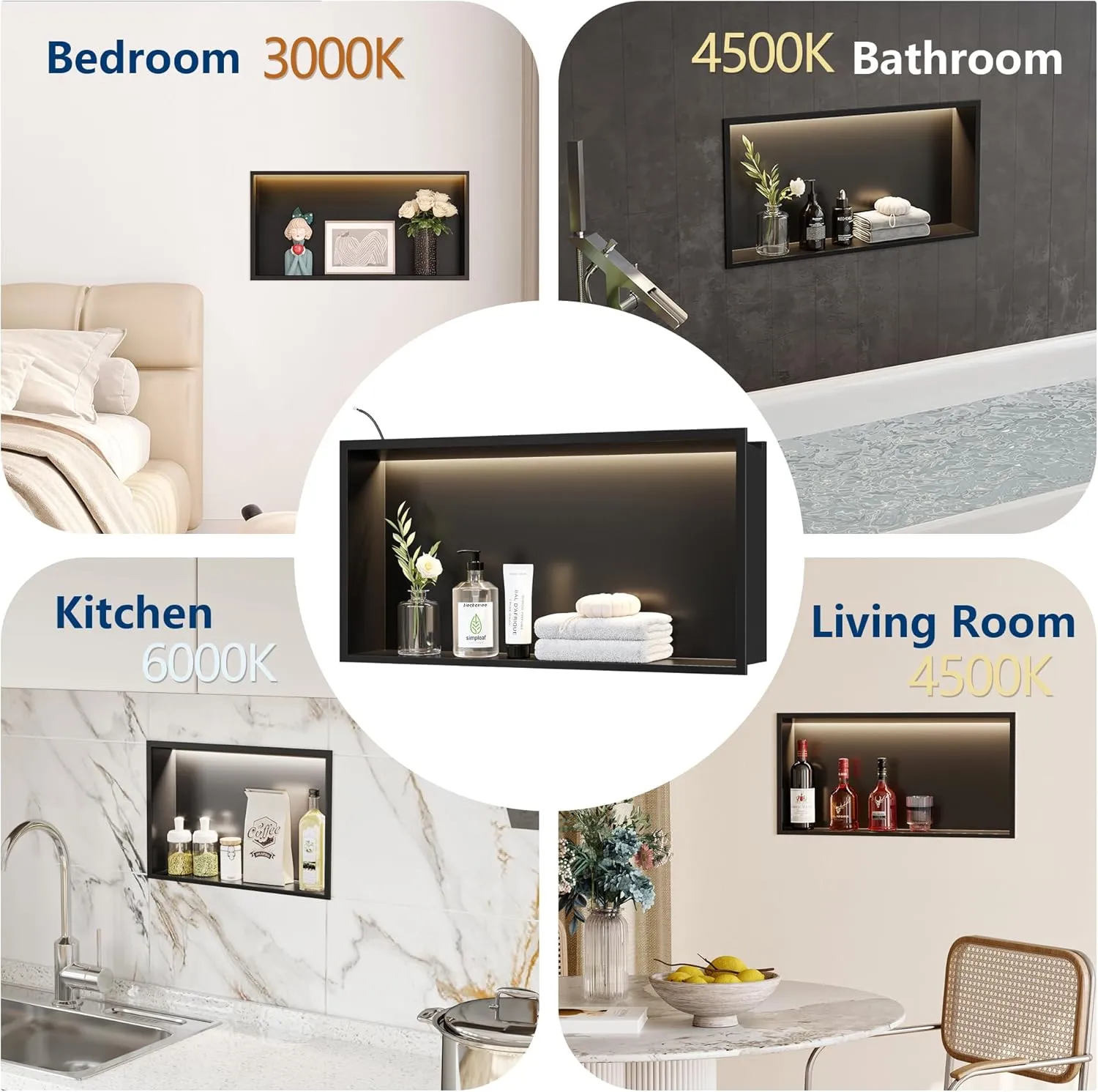Matte Black LED Shower Niche,24"X12" Bathroom Wall Niche,with Dimmable 3-Color COB LED Strip Light Stainless Steel Recessed Wall Cabinet,Waterproof No Tile Need for Shower Storage
