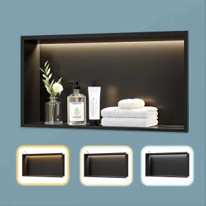 Matte Black LED Shower Niche,24"X12" Bathroom Wall Niche,with Dimmable 3-Color COB LED Strip Light Stainless Steel Recessed Wall Cabinet,Waterproof No Tile Need for Shower Storage