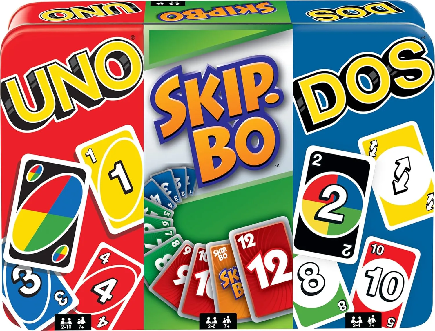 Mattel Games Set of 3 Card Games with UNO, DOS Second Edition & Skip-Bo in Storage Tin Box for Family Nights, Parties, Travel, Camping & More