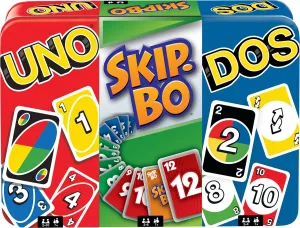 Mattel Games Set of 3 Card Games with UNO, DOS Second Edition & Skip-Bo in Storage Tin Box for Family Nights, Parties, Travel, Camping & More