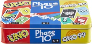 Mattel Games Set of 3 Card Games with UNO, Phase 10 & ONO 99, Travel Fun for Kids & Family Night with Storage Tin Box (Amazon Exclusive)