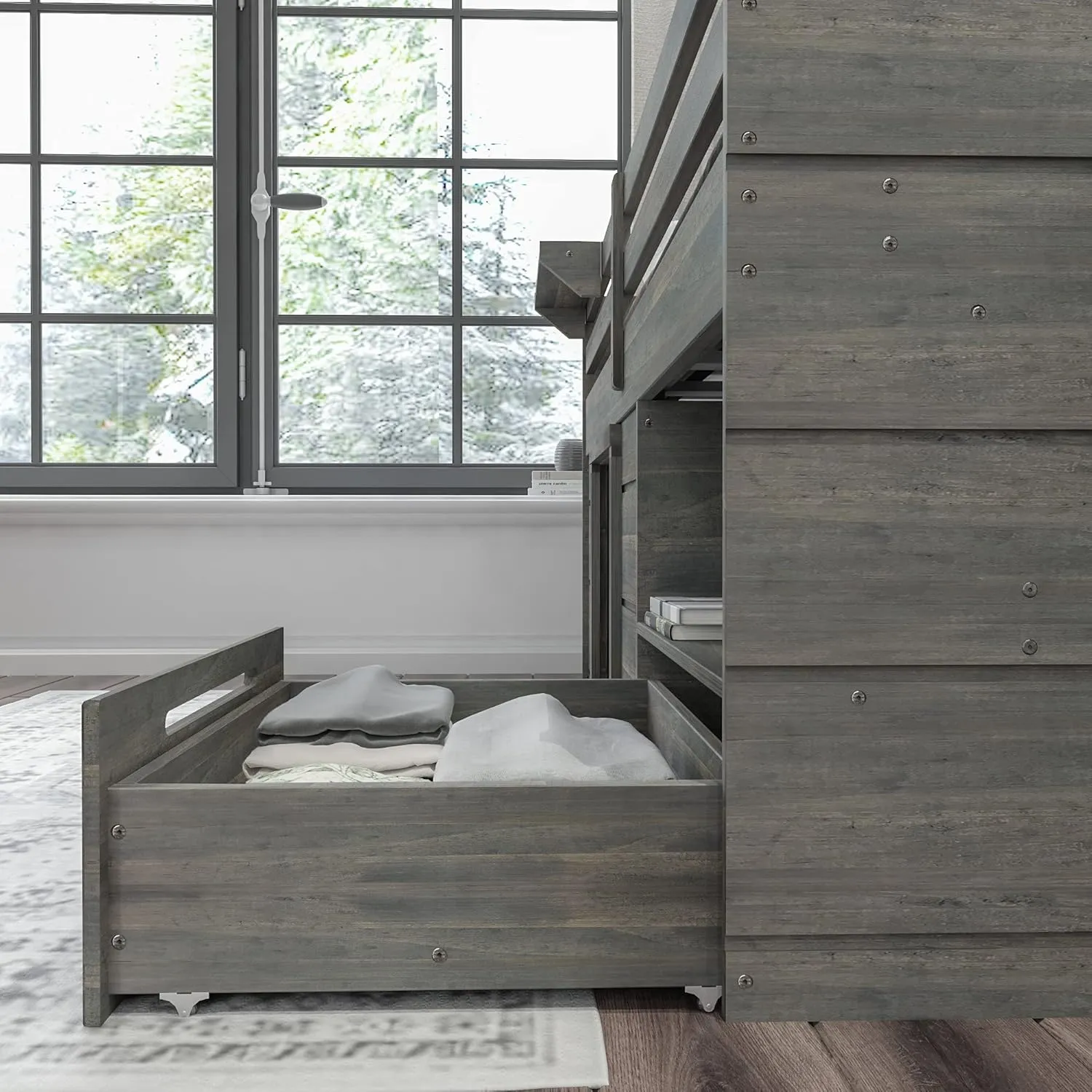 Max & Lily Loft Bed Twin Size, Solid Wood Low Loft Bed with Storage Drawer and Ladder, Modern Farmhouse Loft Bed for Kids, Driftwood