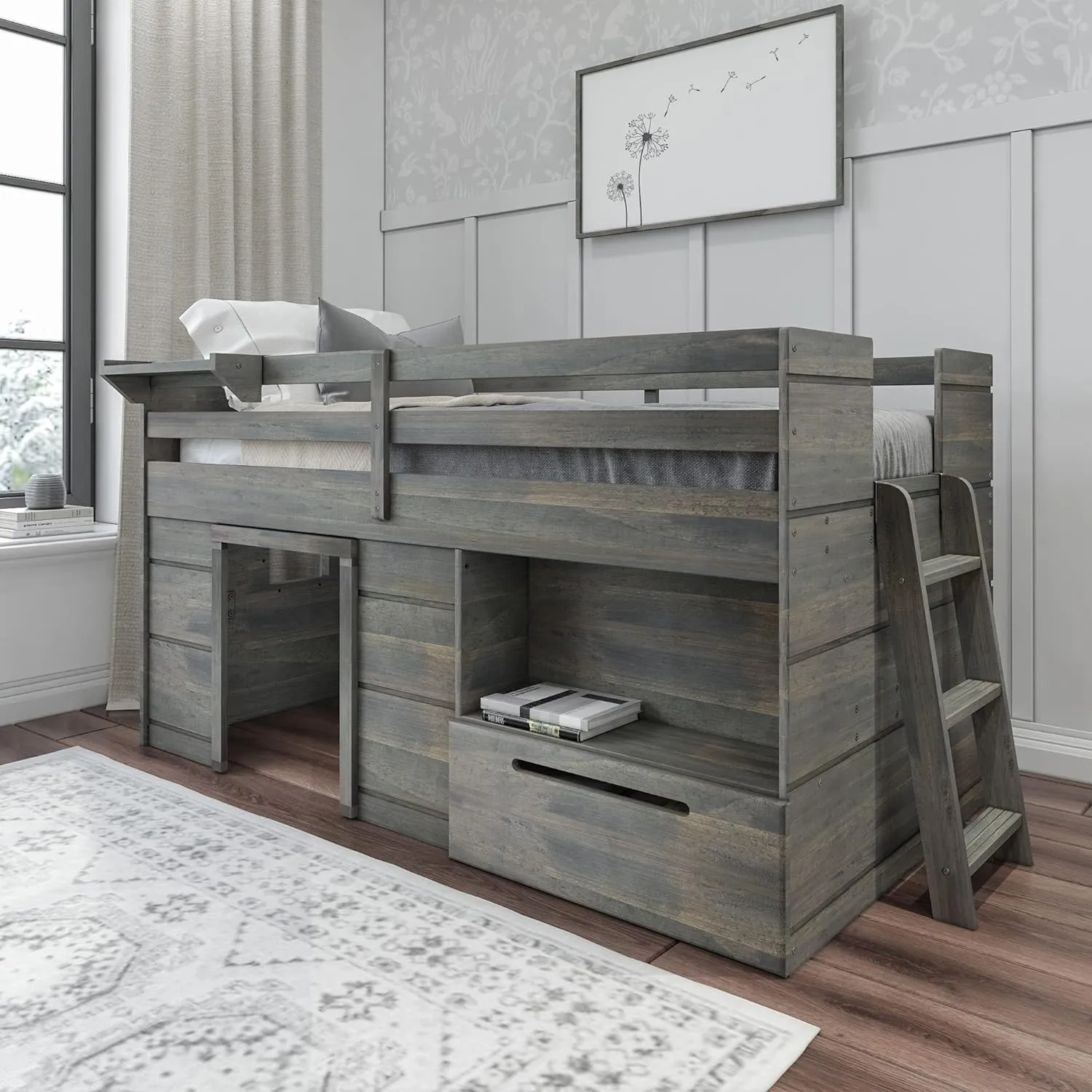 Max & Lily Loft Bed Twin Size, Solid Wood Low Loft Bed with Storage Drawer and Ladder, Modern Farmhouse Loft Bed for Kids, Driftwood