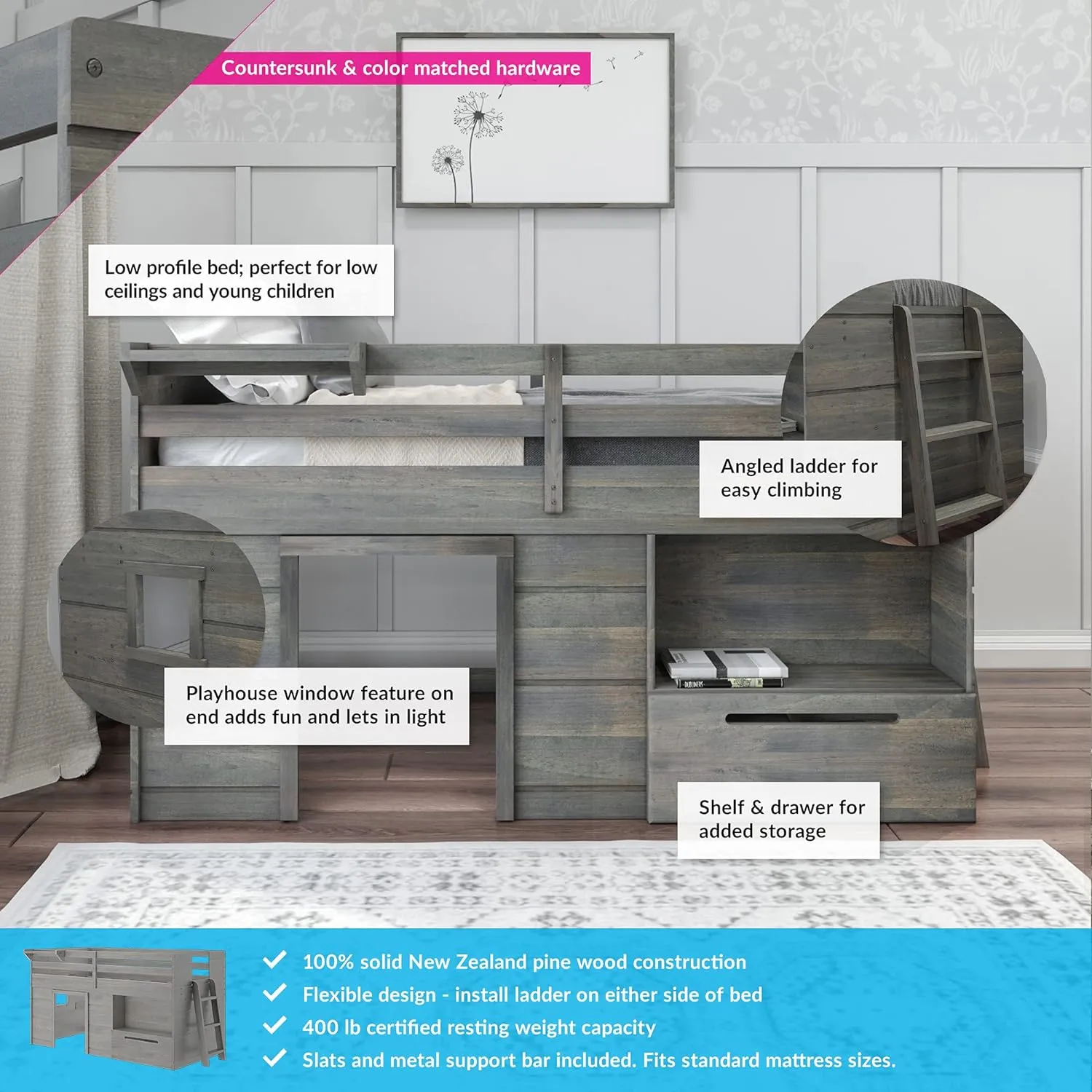 Max & Lily Loft Bed Twin Size, Solid Wood Low Loft Bed with Storage Drawer and Ladder, Modern Farmhouse Loft Bed for Kids, Driftwood