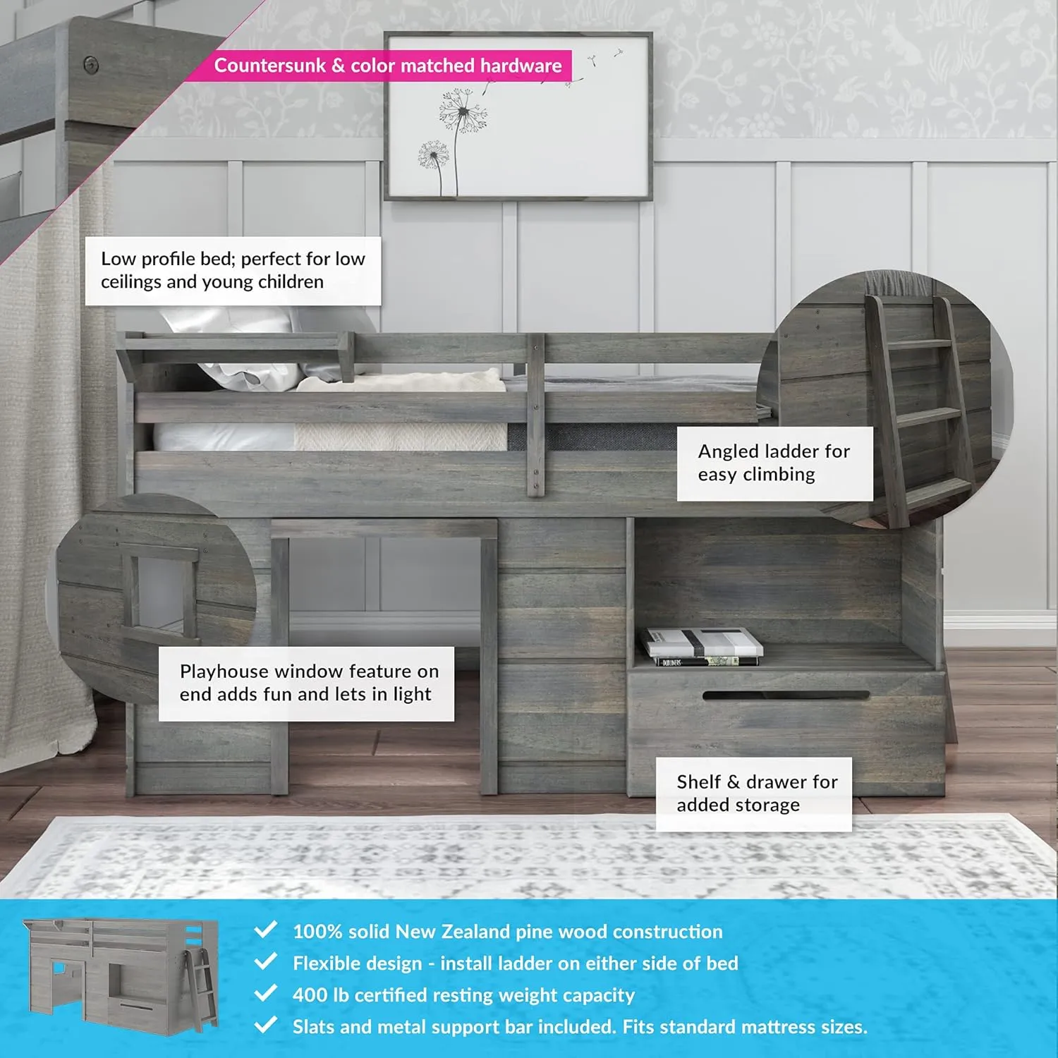 Max & Lily Loft Bed Twin Size, Solid Wood Low Loft Bed with Storage Drawer and Ladder, Modern Farmhouse Loft Bed for Kids, Driftwood