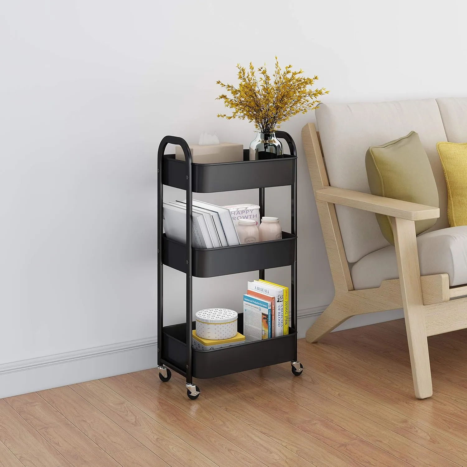 MAX Houser 3-Tier Rolling Utility Cart with Caster Wheels,Easy Assembly, for Kitchen, Bathroom (Black)