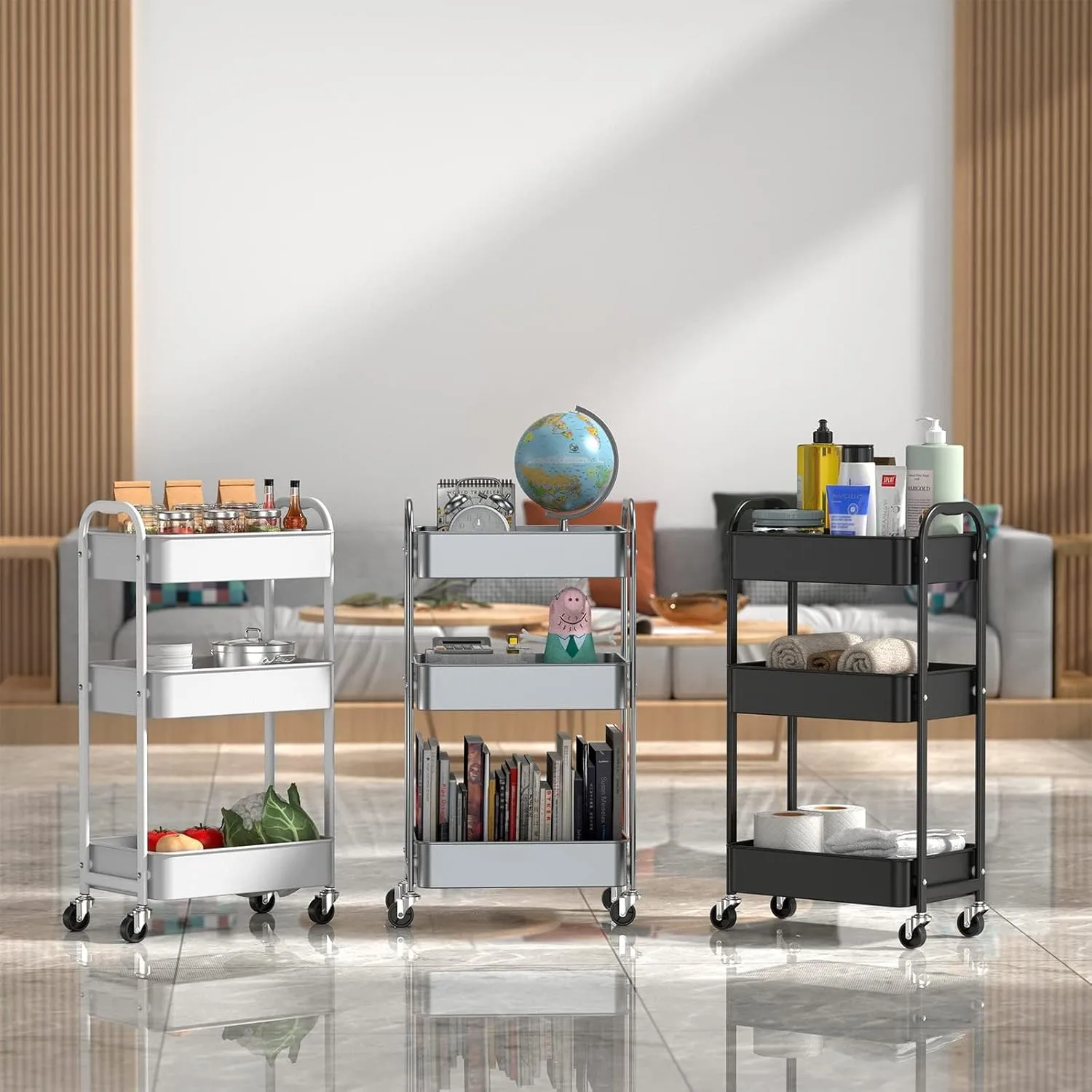 MAX Houser 3-Tier Rolling Utility Cart with Caster Wheels,Easy Assembly, for Kitchen, Bathroom (Black)