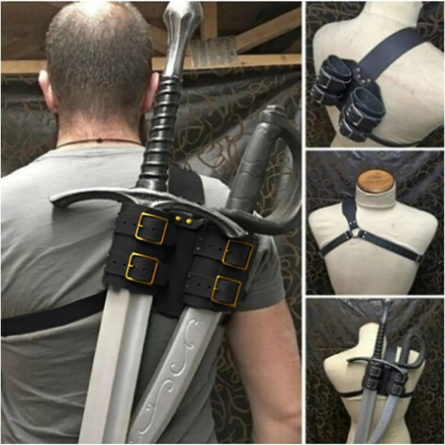 Medieval Retro Sword Shoulder Back Sheath Holder Adjustable Holster PU Leather Belt Frog Holder Cover Renaissance Costume Cosplay Prop For Kids and Adults