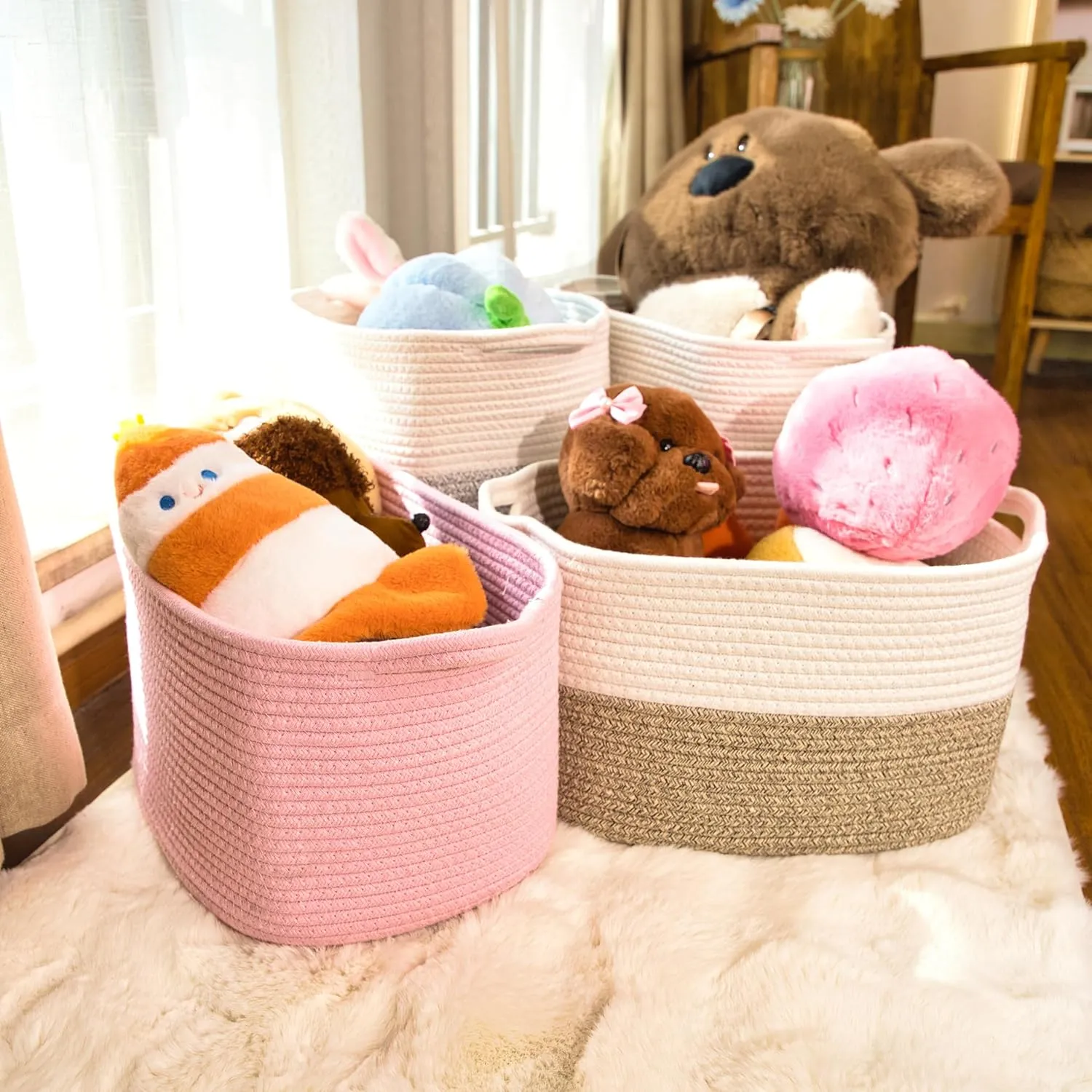 Medium Woven Storage Baskets for Mudroom, Cotton Rope Square Basket with Handle, Dog Toy Bin, Empty Gift Basket for Shelves, Shoes, Blankets, Toys, and Teens