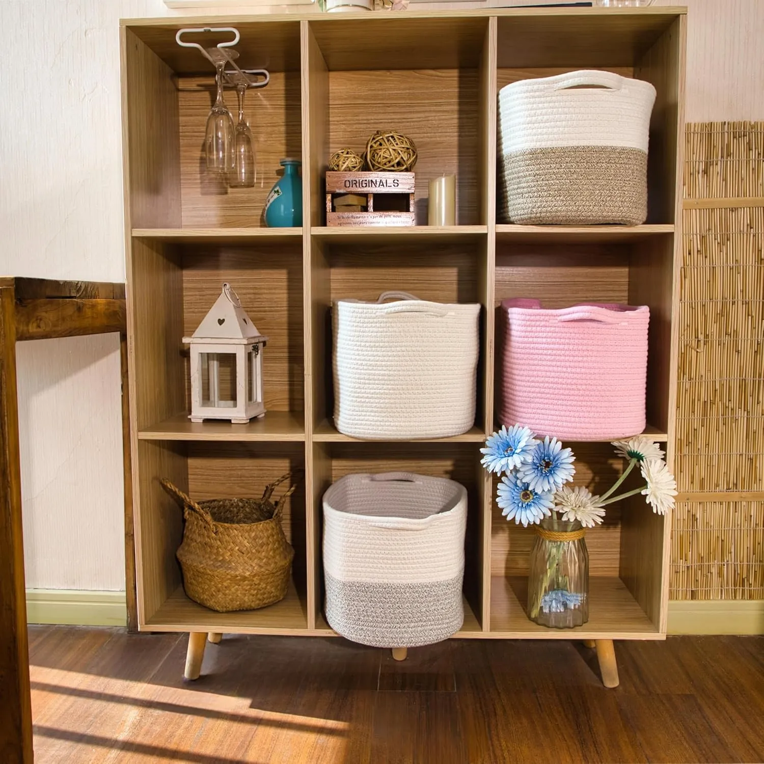 Medium Woven Storage Baskets for Mudroom, Cotton Rope Square Basket with Handle, Dog Toy Bin, Empty Gift Basket for Shelves, Shoes, Blankets, Toys, and Teens