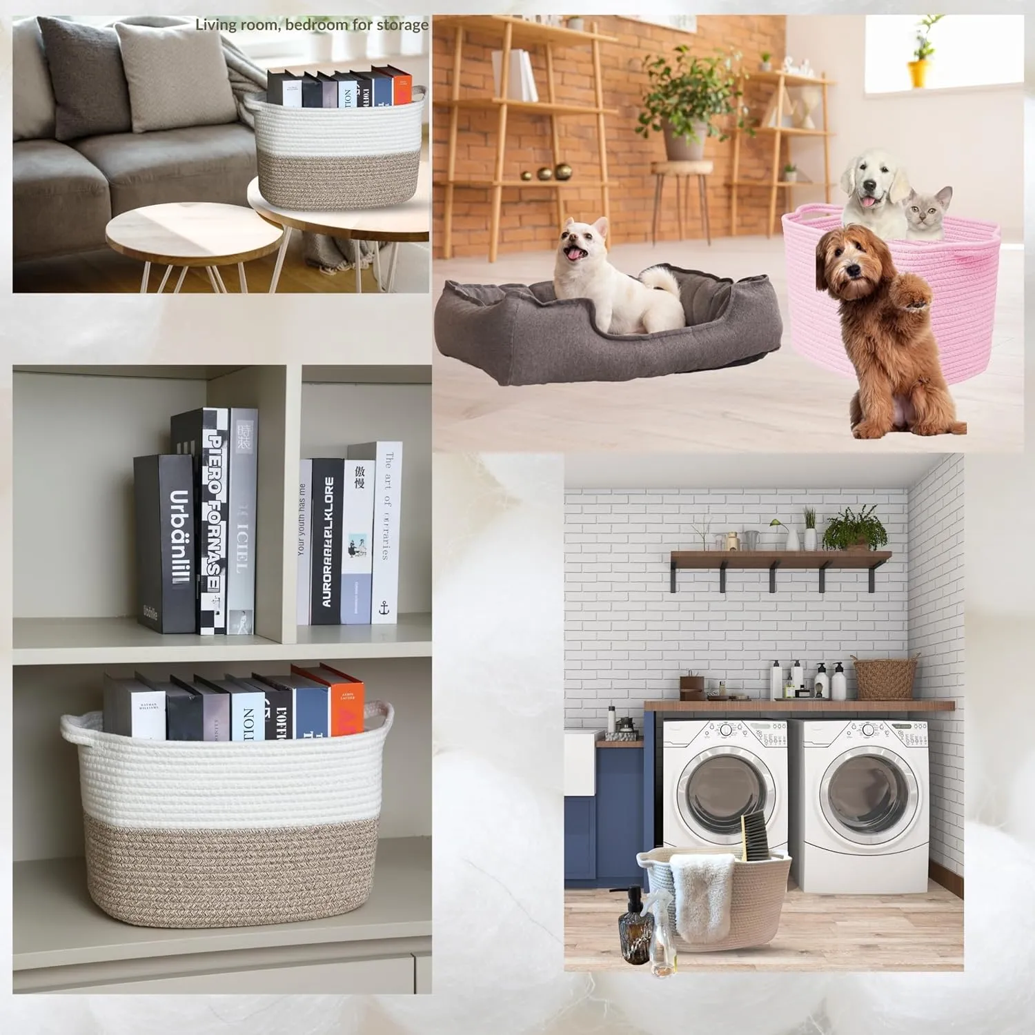 Medium Woven Storage Baskets for Mudroom, Cotton Rope Square Basket with Handle, Dog Toy Bin, Empty Gift Basket for Shelves, Shoes, Blankets, Toys, and Teens