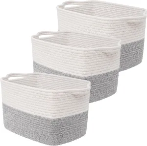 Medium Woven Storage Baskets for Mudroom, Cotton Rope Square Basket with Handle, Dog Toy Bin, Empty Gift Basket for Shelves, Shoes, Blankets, Toys, and Teens