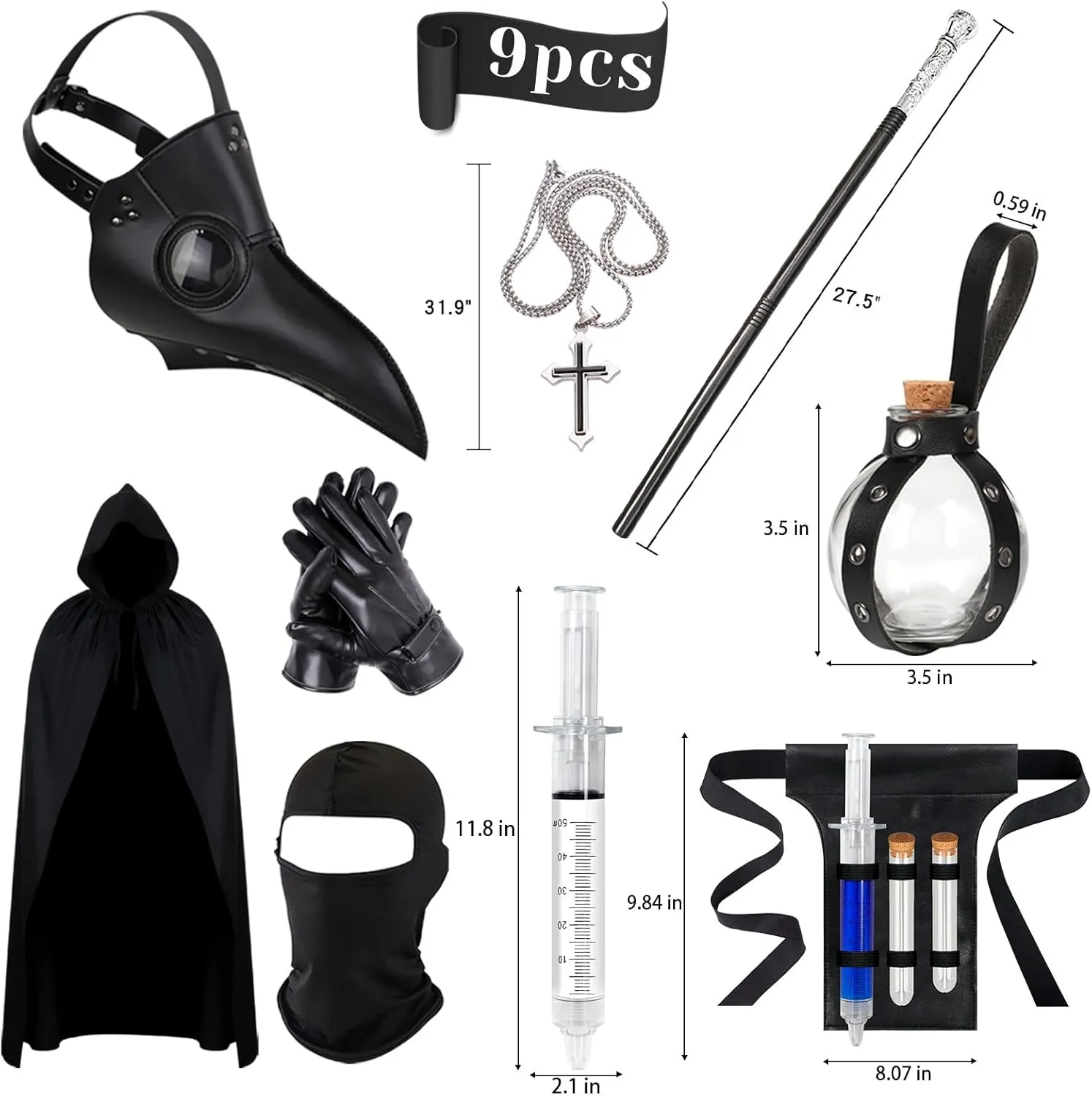 Mens Halloween Costumes Adult Plague Doctor Mask, 11Pcs Plague Doctor Costume, Scary Halloween Mask for Adults