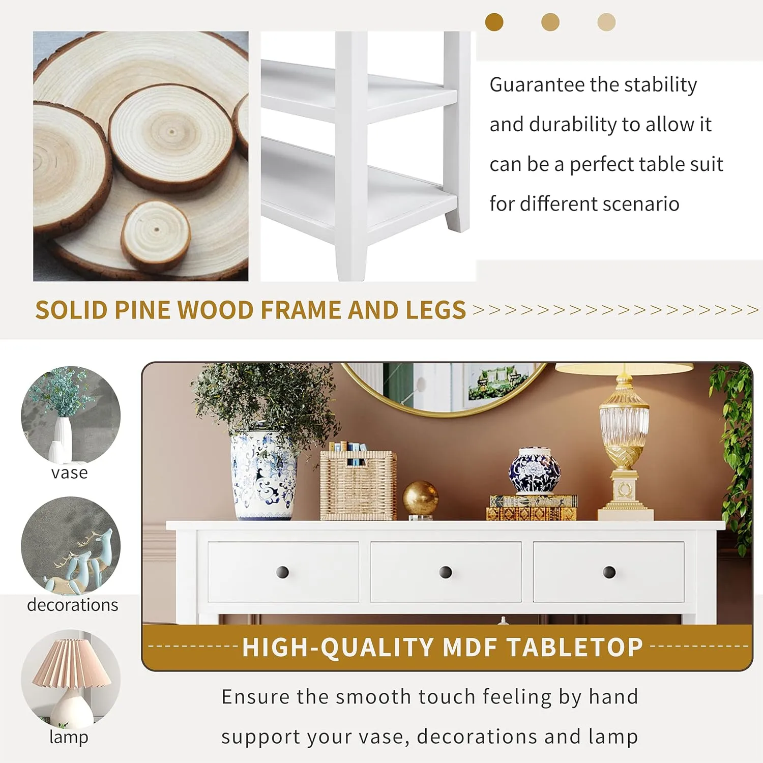 Merax Antique White Farmhouse Wood Table for Hallways Entryway Narrow Foyer Sideboard with Drawers and Bottom Shelves Easy Assemble, Type 11