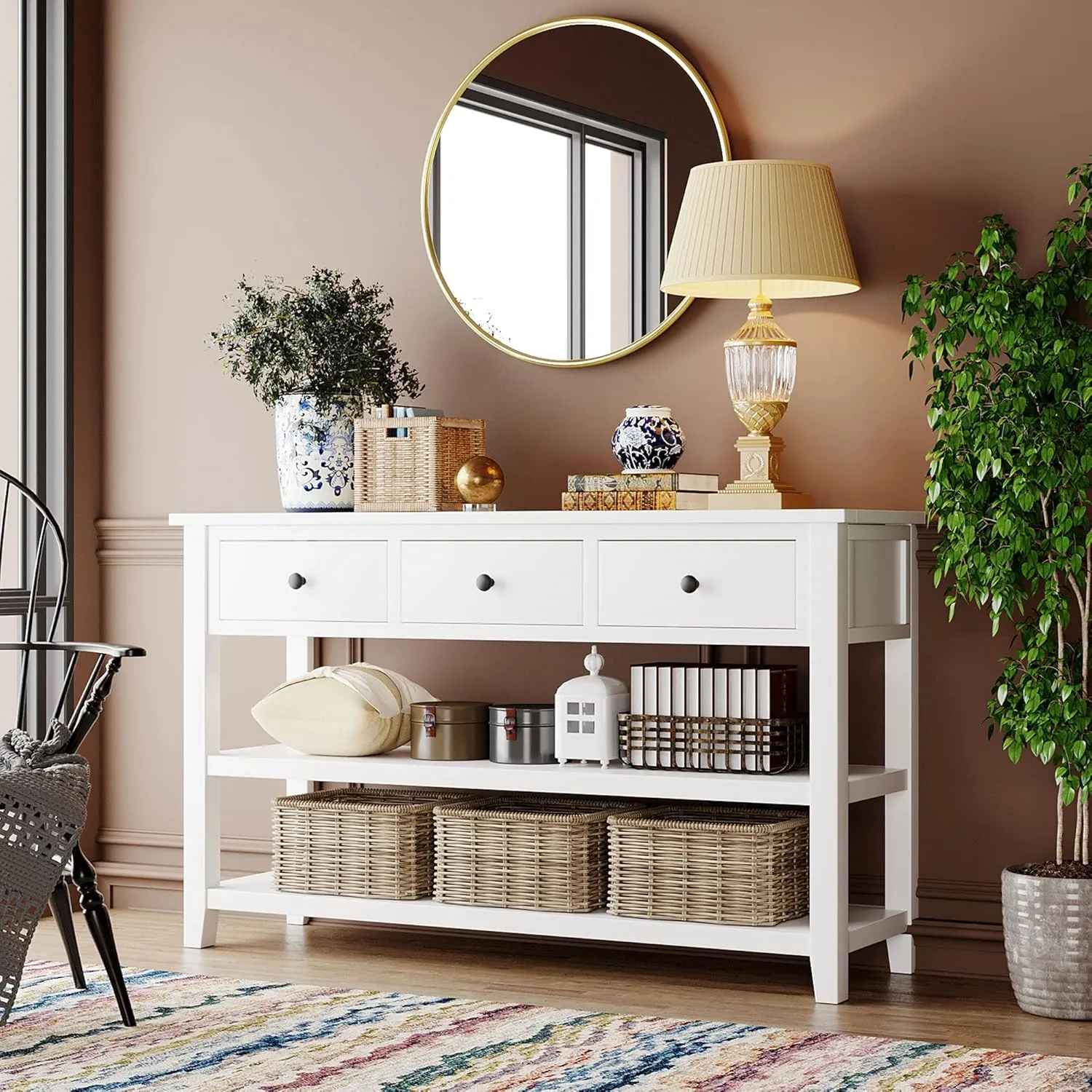 Merax Antique White Farmhouse Wood Table for Hallways Entryway Narrow Foyer Sideboard with Drawers and Bottom Shelves Easy Assemble, Type 11