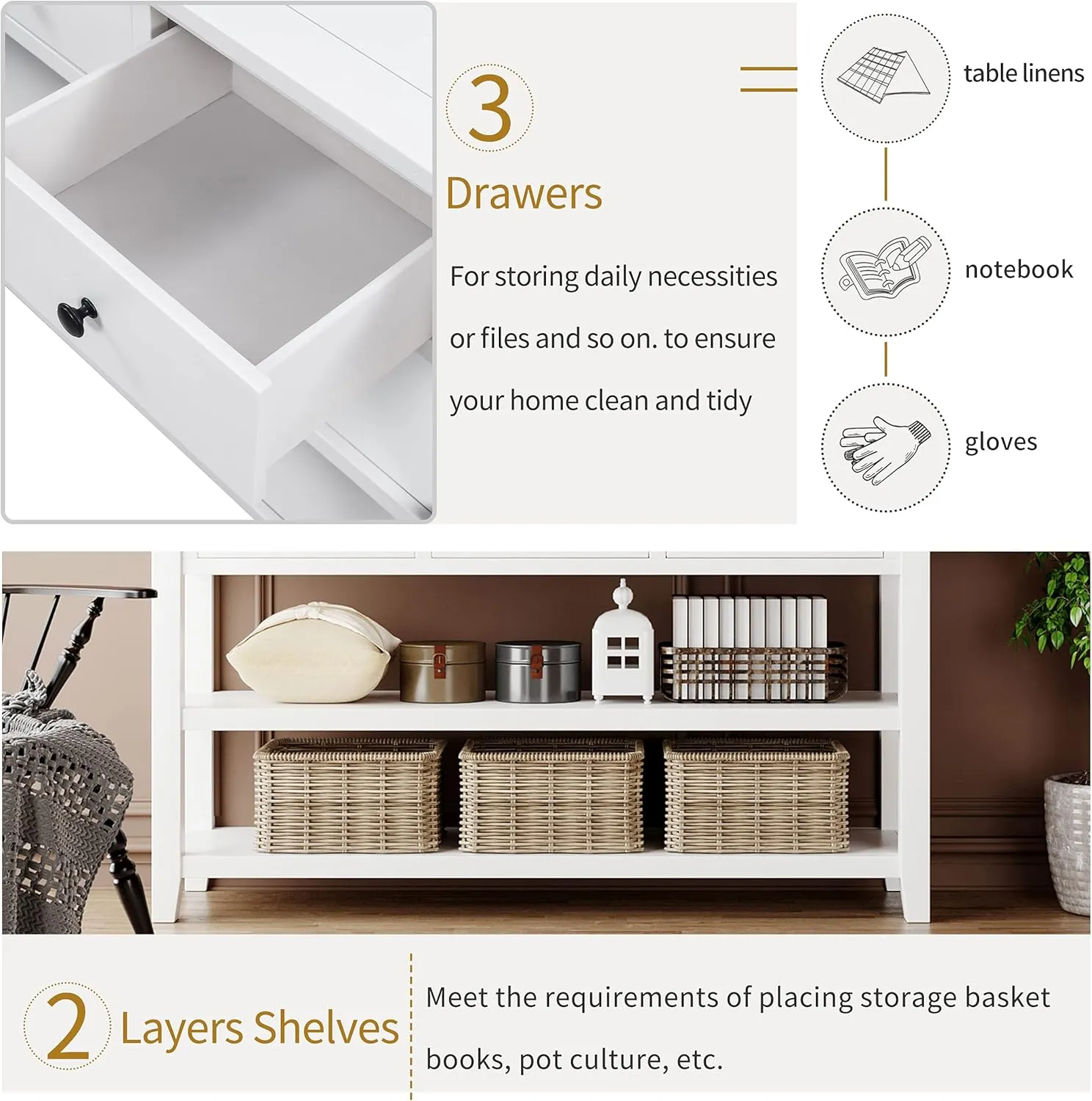 Merax Antique White Farmhouse Wood Table for Hallways Entryway Narrow Foyer Sideboard with Drawers and Bottom Shelves Easy Assemble, Type 11