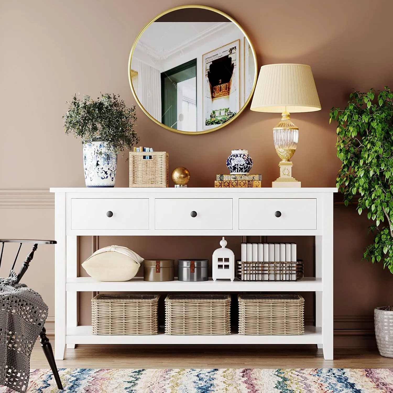 Merax Antique White Farmhouse Wood Table for Hallways Entryway Narrow Foyer Sideboard with Drawers and Bottom Shelves Easy Assemble, Type 11