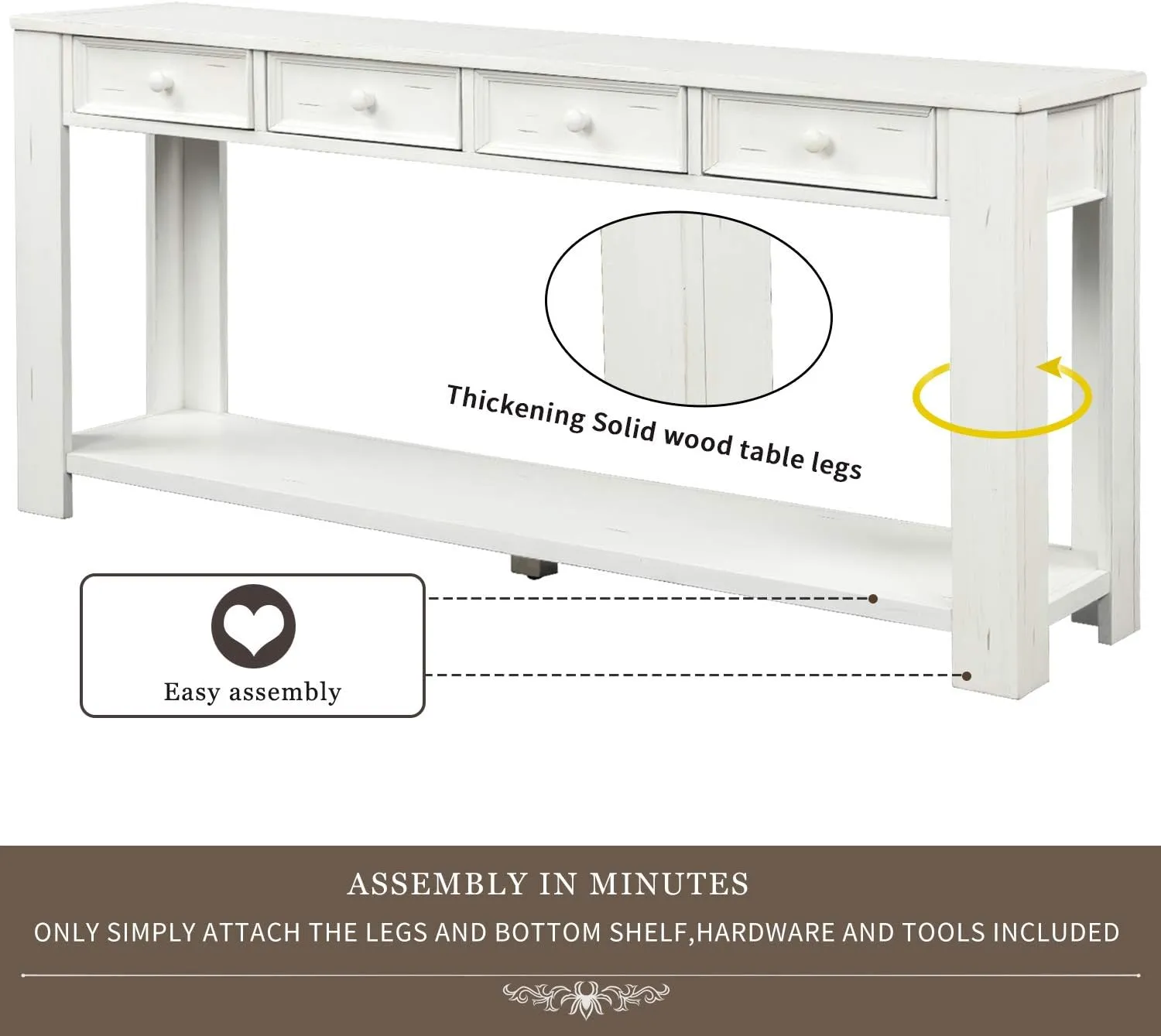 Merax Antique White Wood Narrow Console Table for Entryway Hallway Front Door Sidetable with Drawers and Bottom Shelf, 1 Set